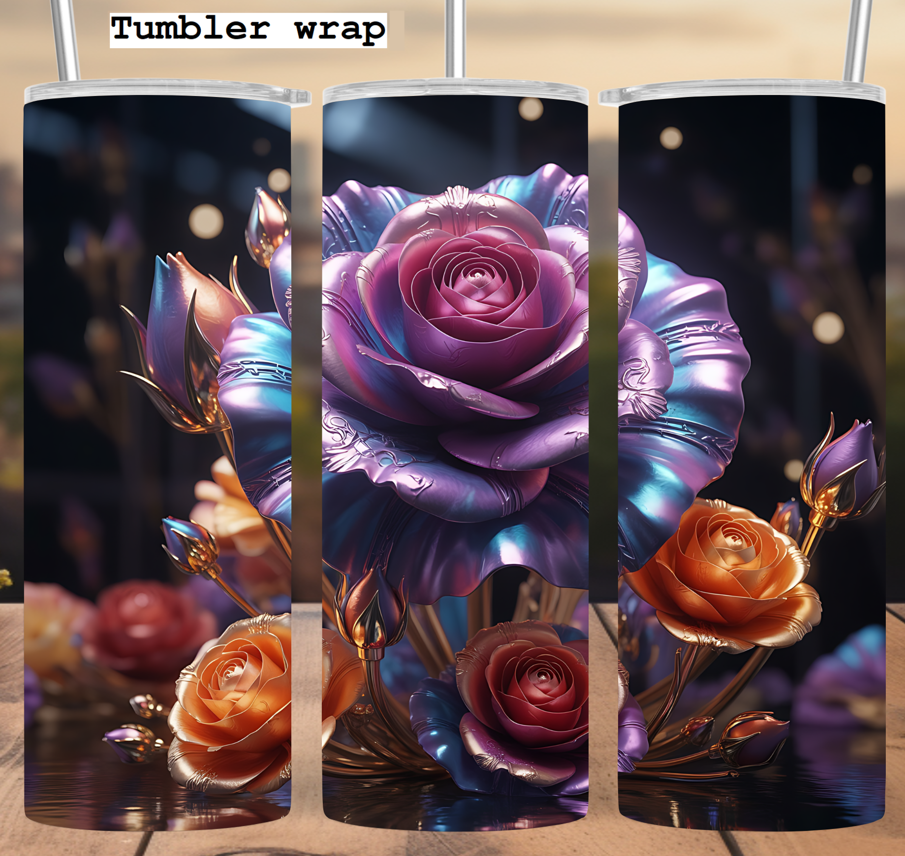 Iridescent Rose Glow: Elegant Metallic Floral Art tumbler wrap 20oz PNG