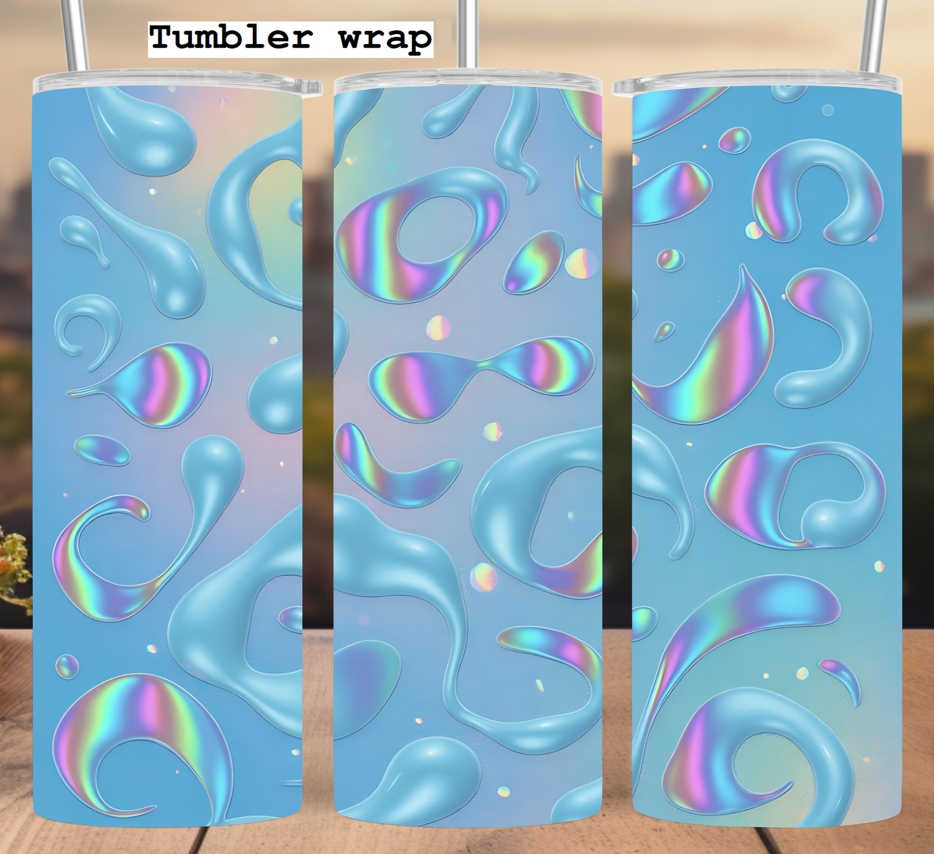 Iridescent Water Drops: Pastel Holographic Aesthetic tumbler wrap 20oz PNG