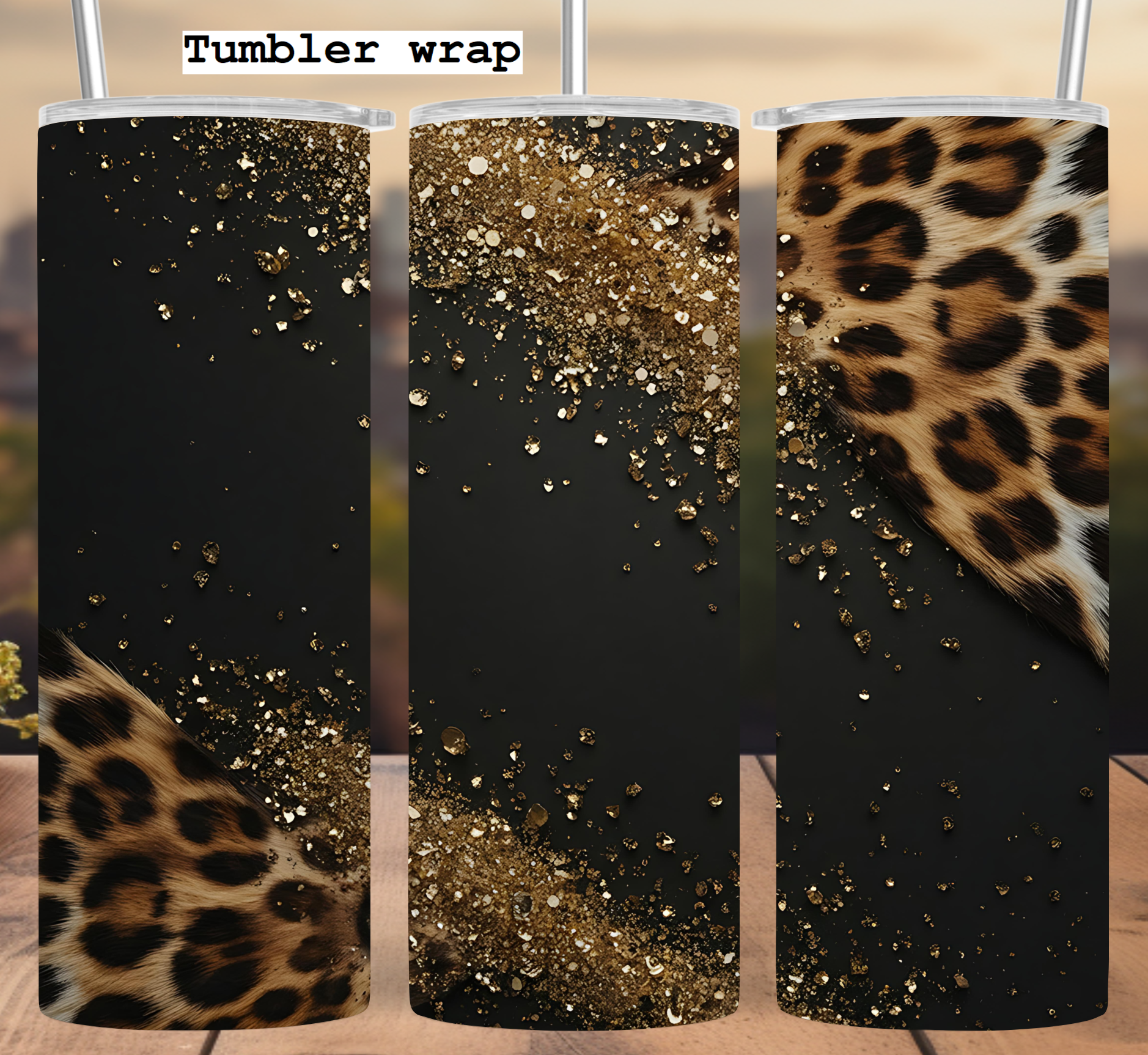 Leopard Tumbler Wrap: Gold Glitter Glam Animal Print Design 20oz PNG (Digital Download)