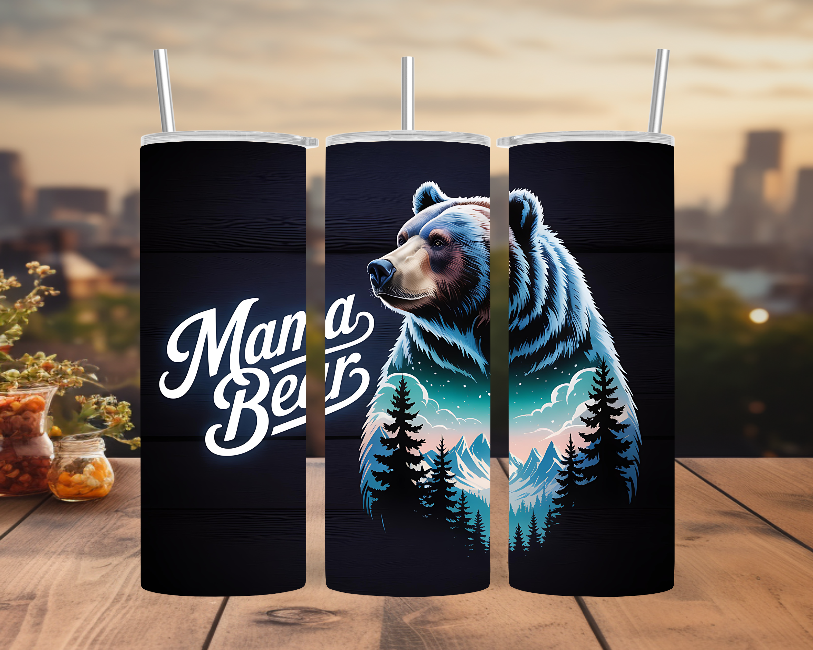 Mama Bear Tumbler Wrap 20oz: Mountain Forest Nature Sublimation Design PNG