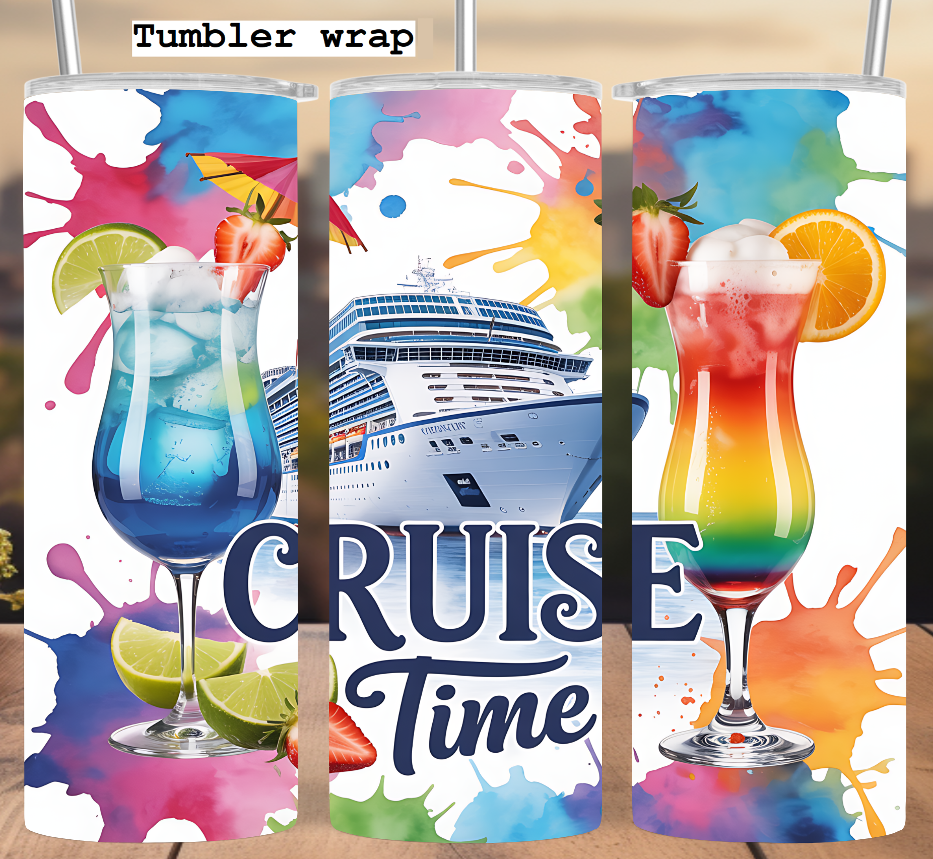 Cruise Time Tumbler Wrap, 20 oz Skinny Tumbler PNG Vacation Sublimation Design, Colorful Seamless Summer Tumbler Wrap