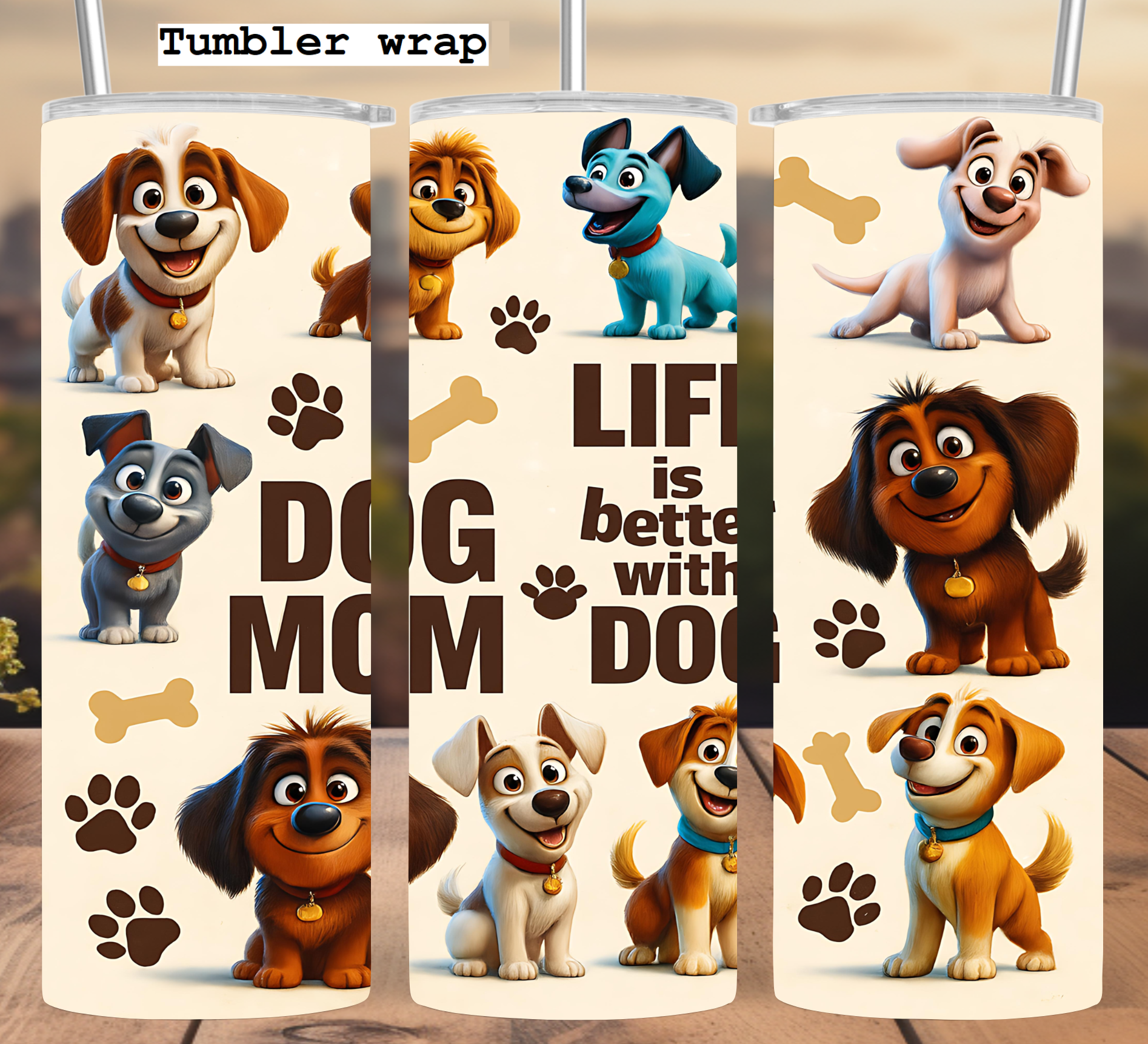 Dog Mom Tumbler Wrap: Cute Cartoon Puppy Design 20oz PNG Digital Download