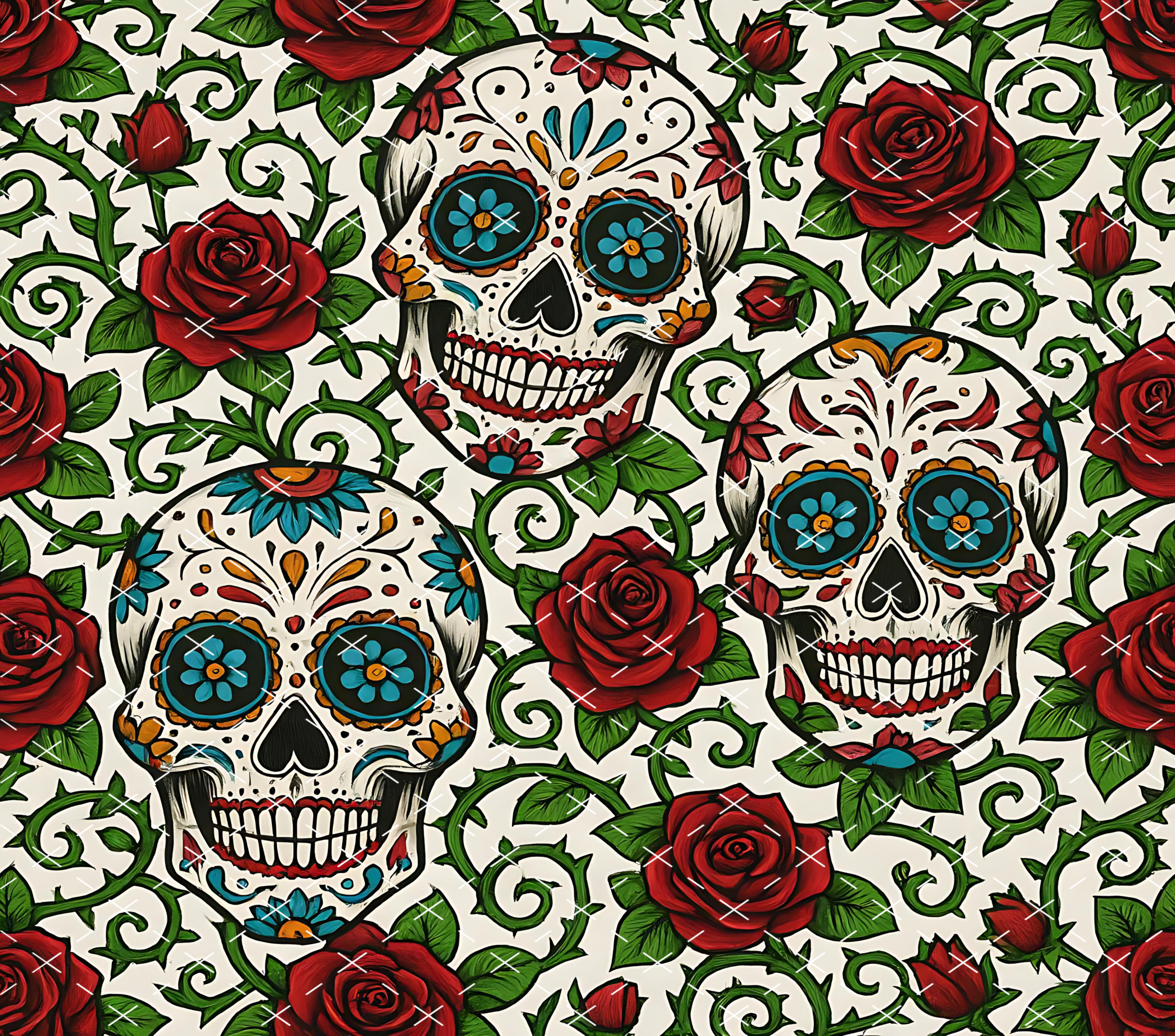 Sugar Skull Roses: Colorful Floral Day of the Dead tumbler wrap 20oz PNG