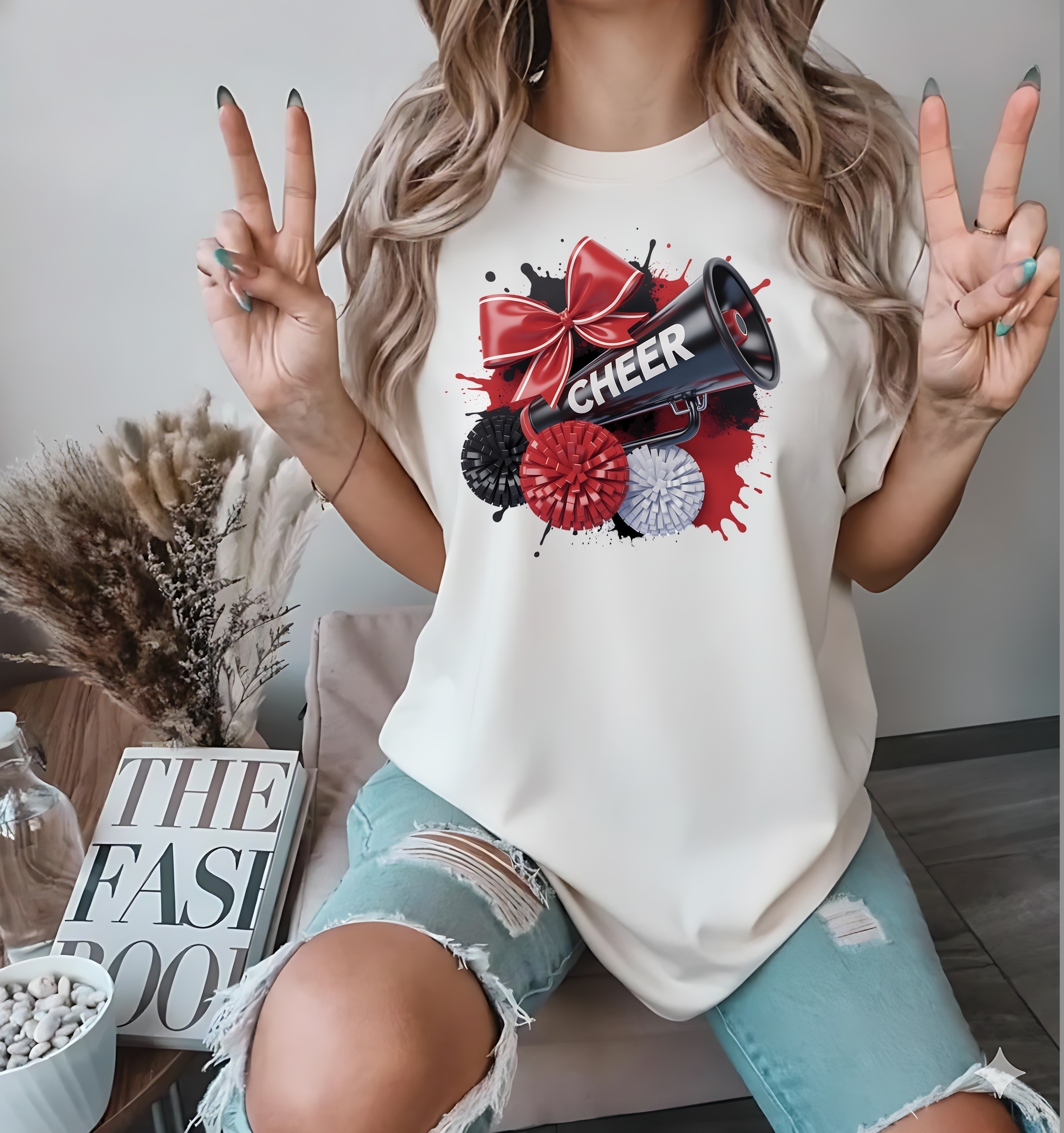Cheerleader Spirit Megaphone Design: Red Bow and Pom Poms T shirt, Shirt PNG Digital Download