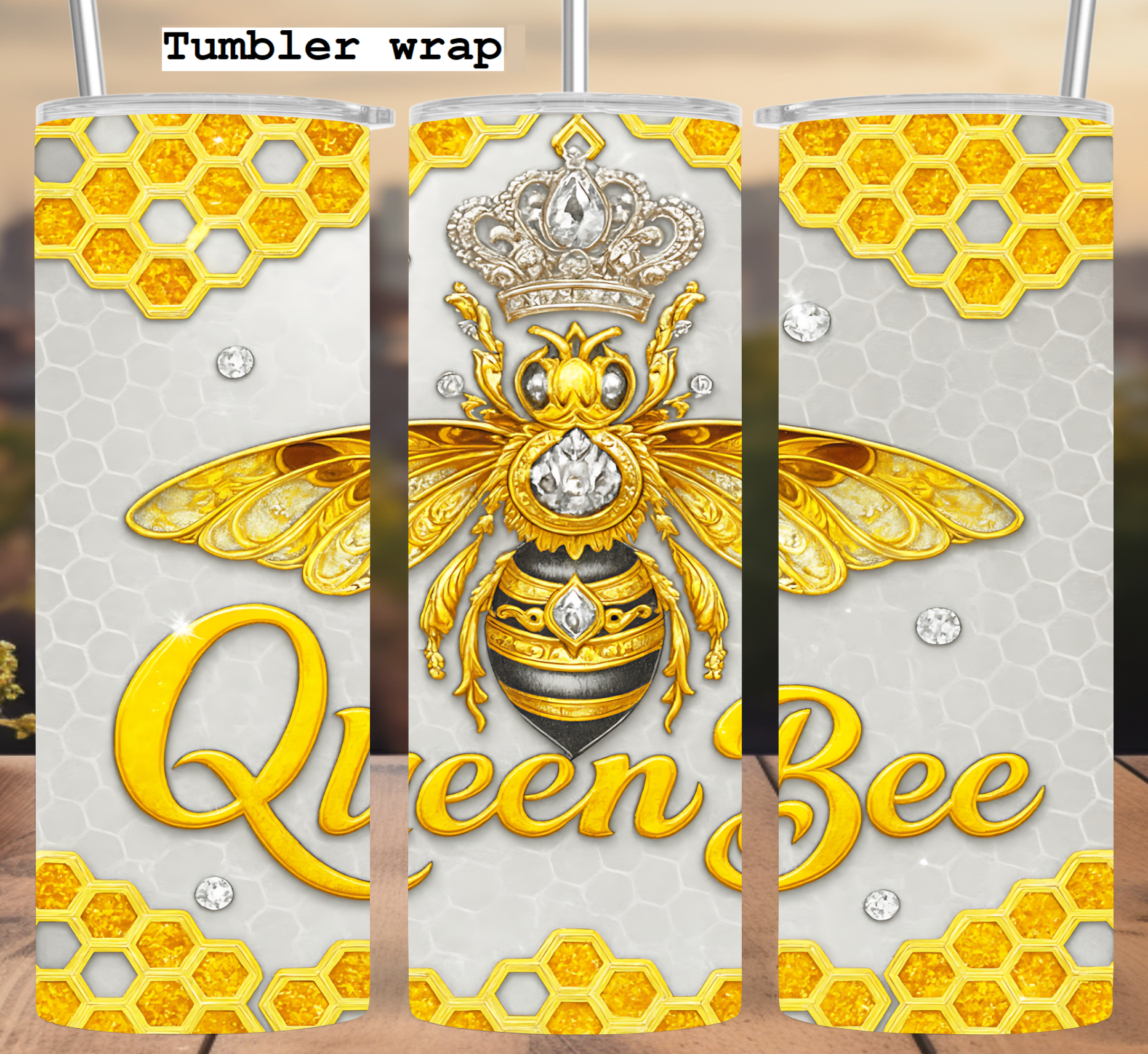 Queen Bee Gold Crown Honeycomb Design tumbler wrap 20oz PNG