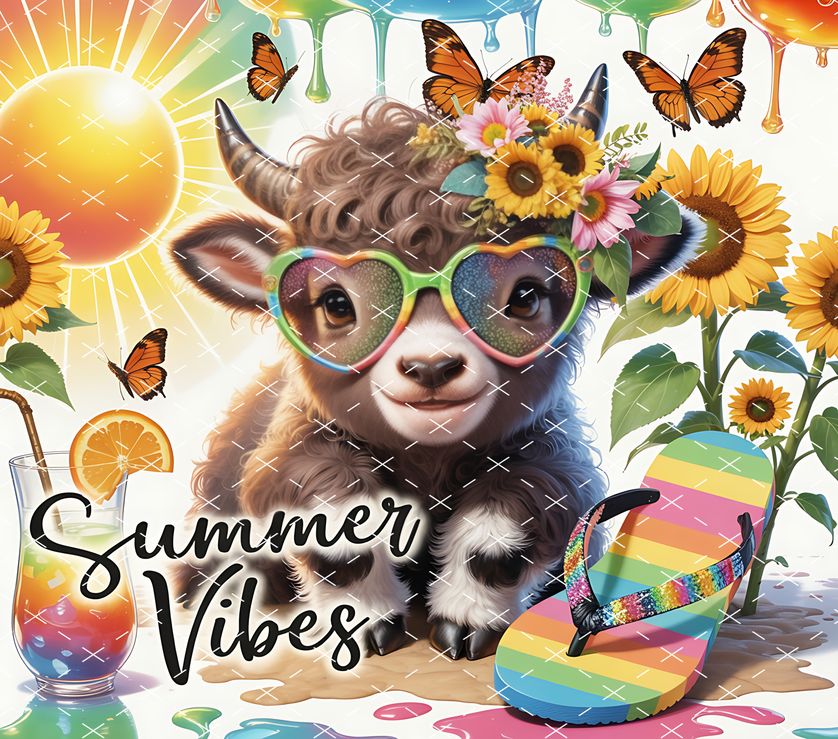 Summer Vibes Highland Cow: Tropical Rainbow Sunflower Design tumbler wrap 20oz PNG