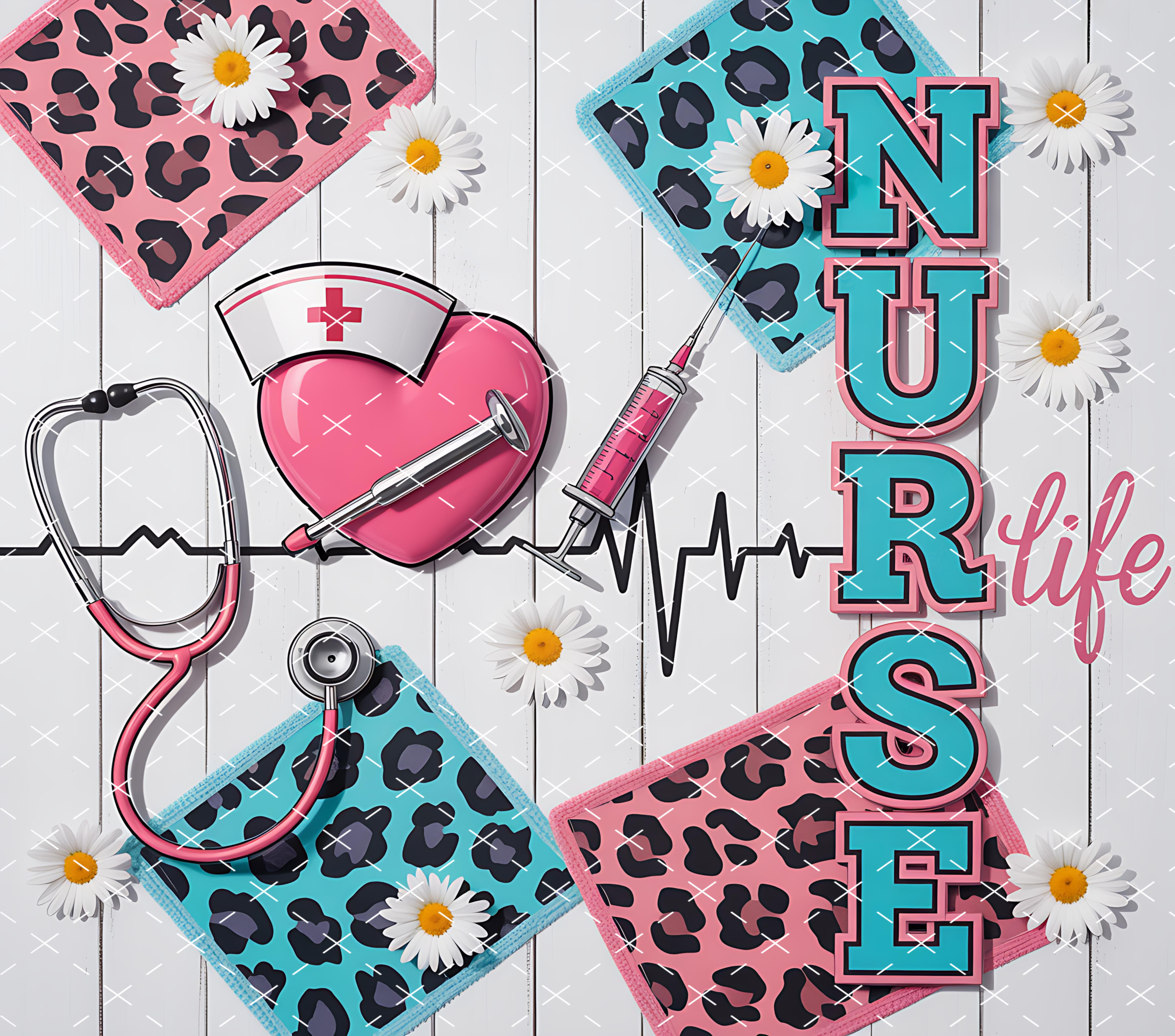 Nurse Life Tumbler Wrap: Pink and Teal Leopard Medical Heart Design tumbler wrap 20oz PNG