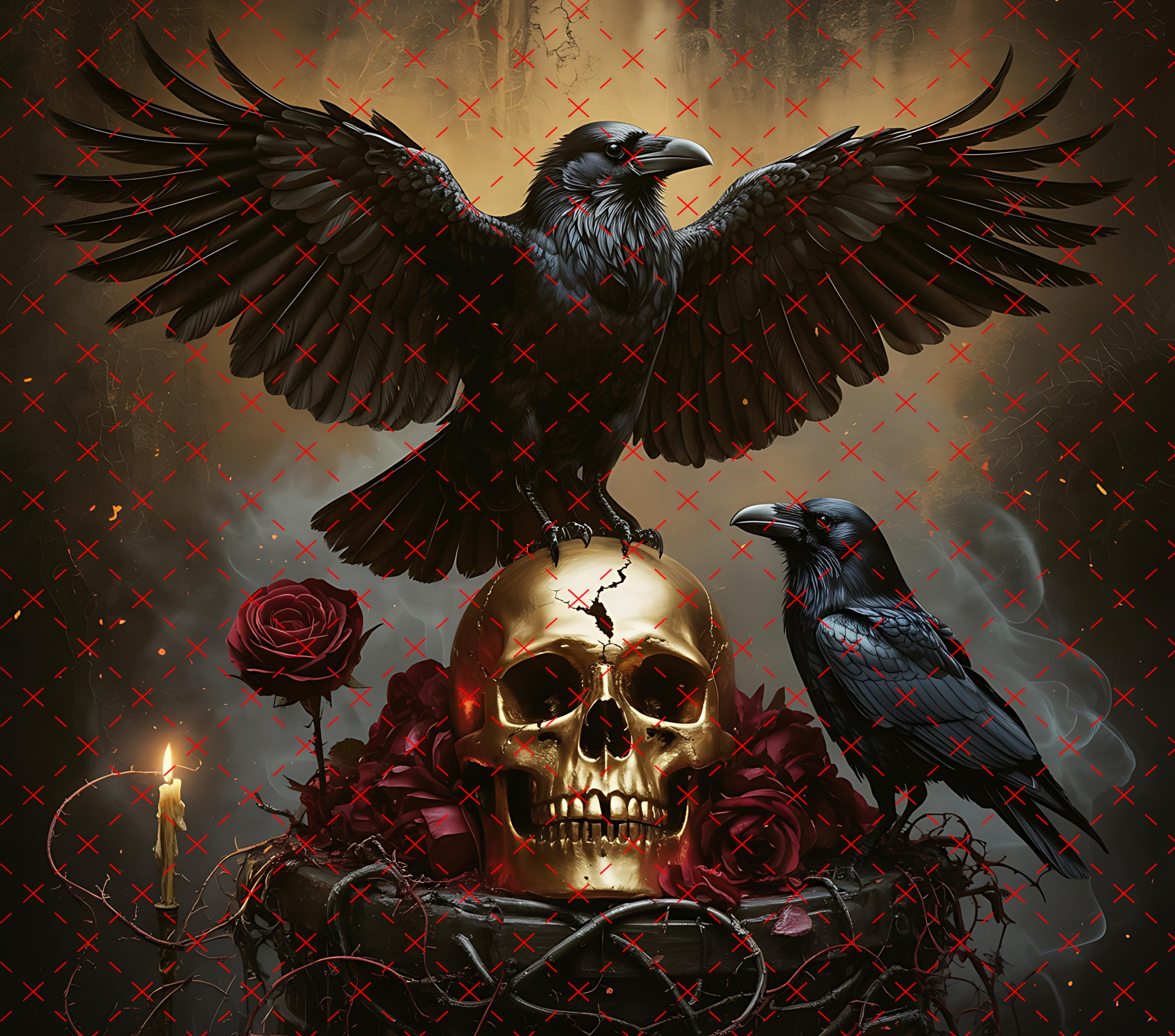 Raven Skull Gothic Roses Tumbler Wrap: Dark Fantasy Crow Design 20oz PNG (Digital Download)