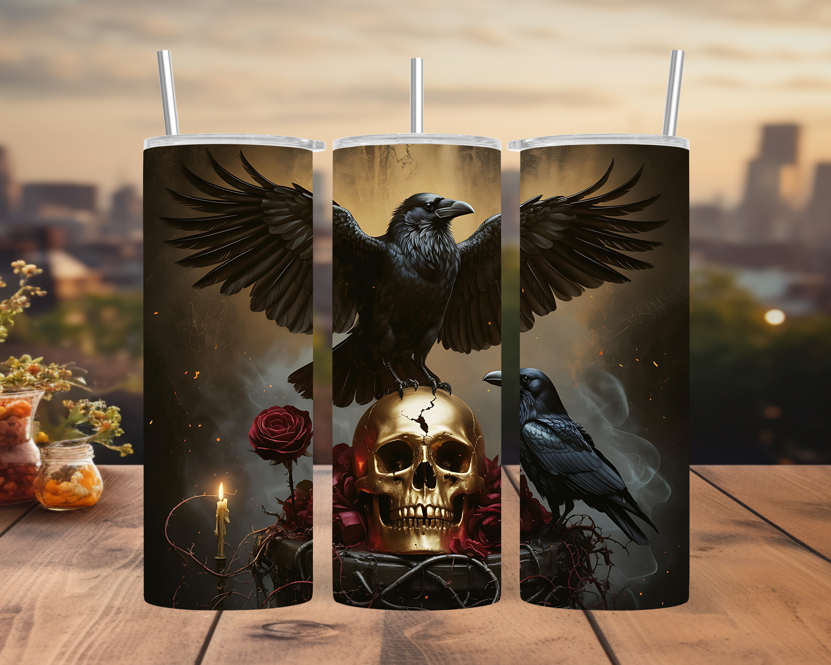 Raven Skull Gothic Roses Tumbler Wrap: Dark Fantasy Crow Design 20oz PNG (Digital Download)