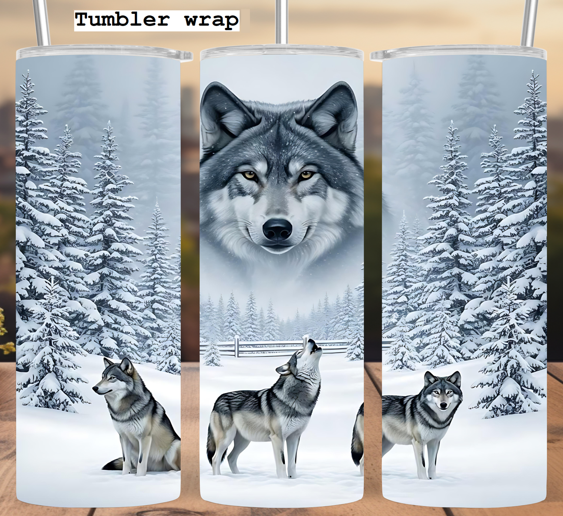 Winter Wolf Pack Tumbler Wrap: Snow Forest Wilderness Design tumbler wrap 20oz PNG