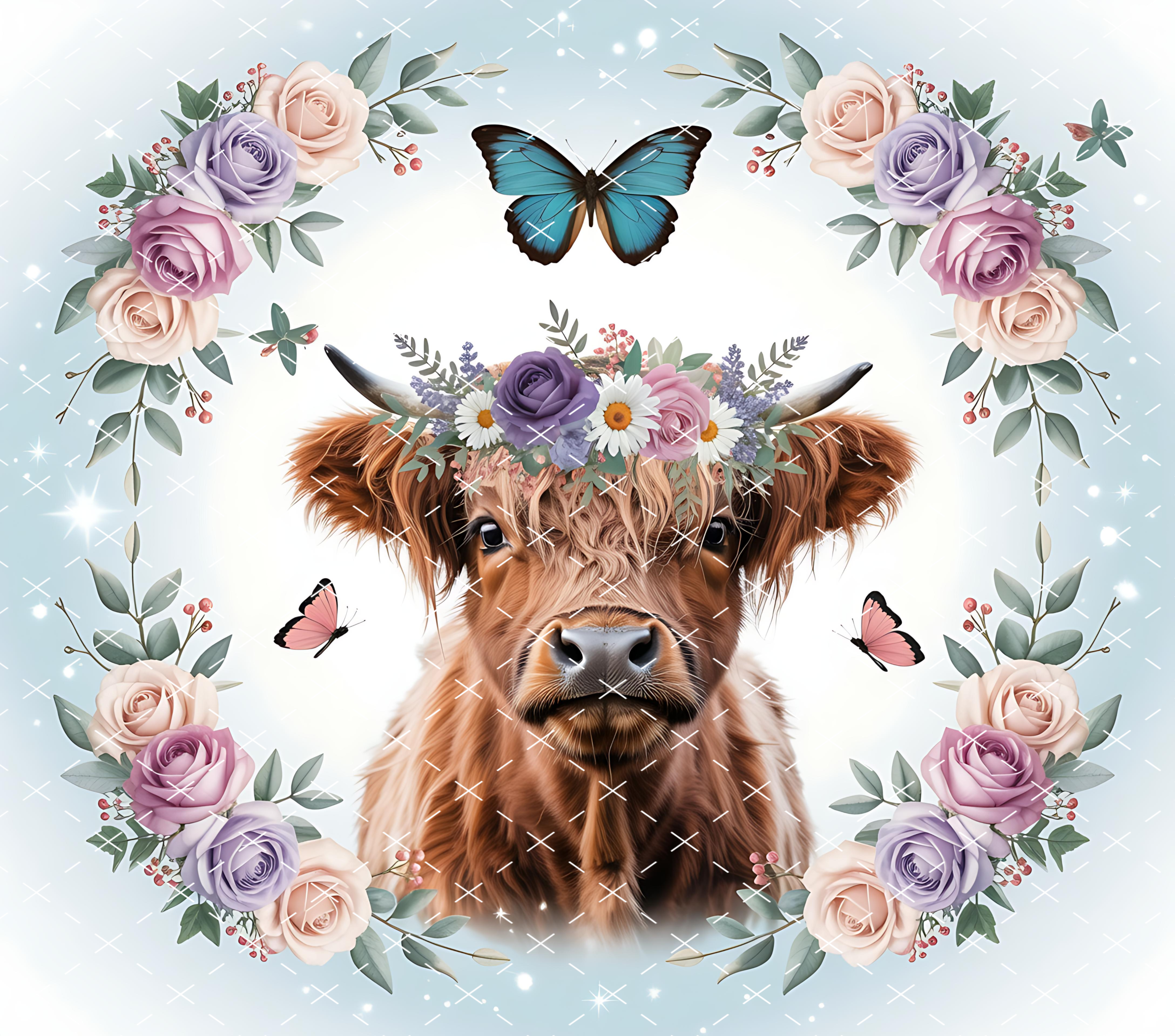 Highland Cow Floral Wreath Tumbler Wrap: Pastel Butterfly Design tumbler wrap 20oz PNG