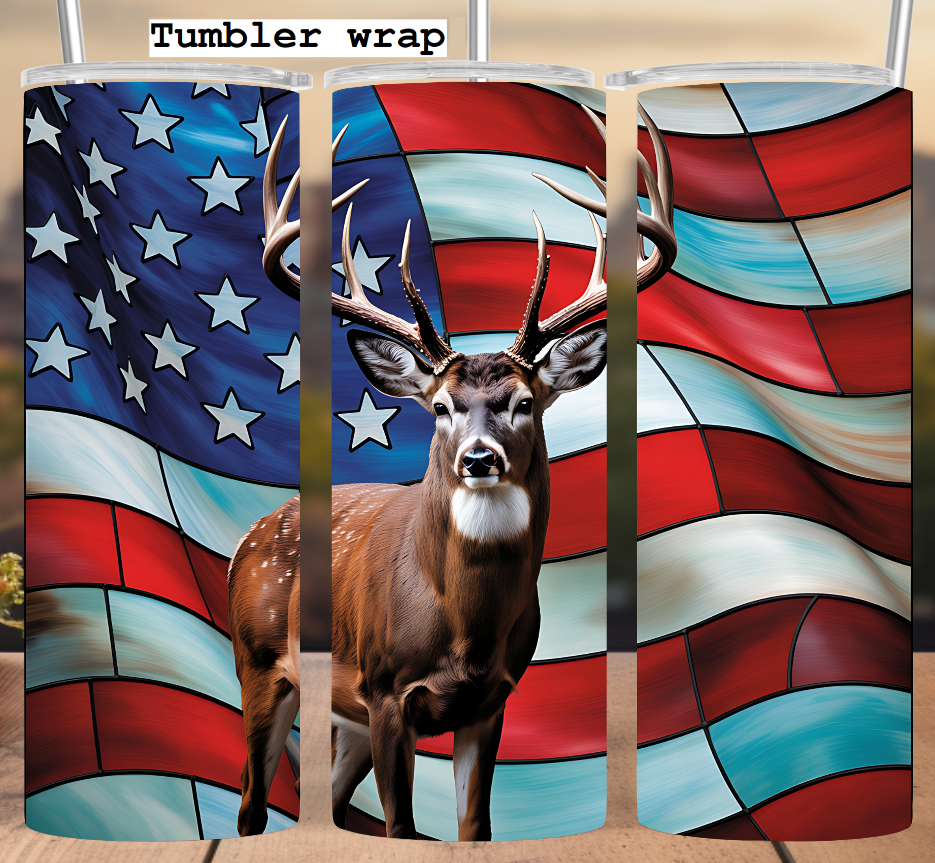 Patriotic Deer American Flag Design tumbler wrap 20oz PNG
