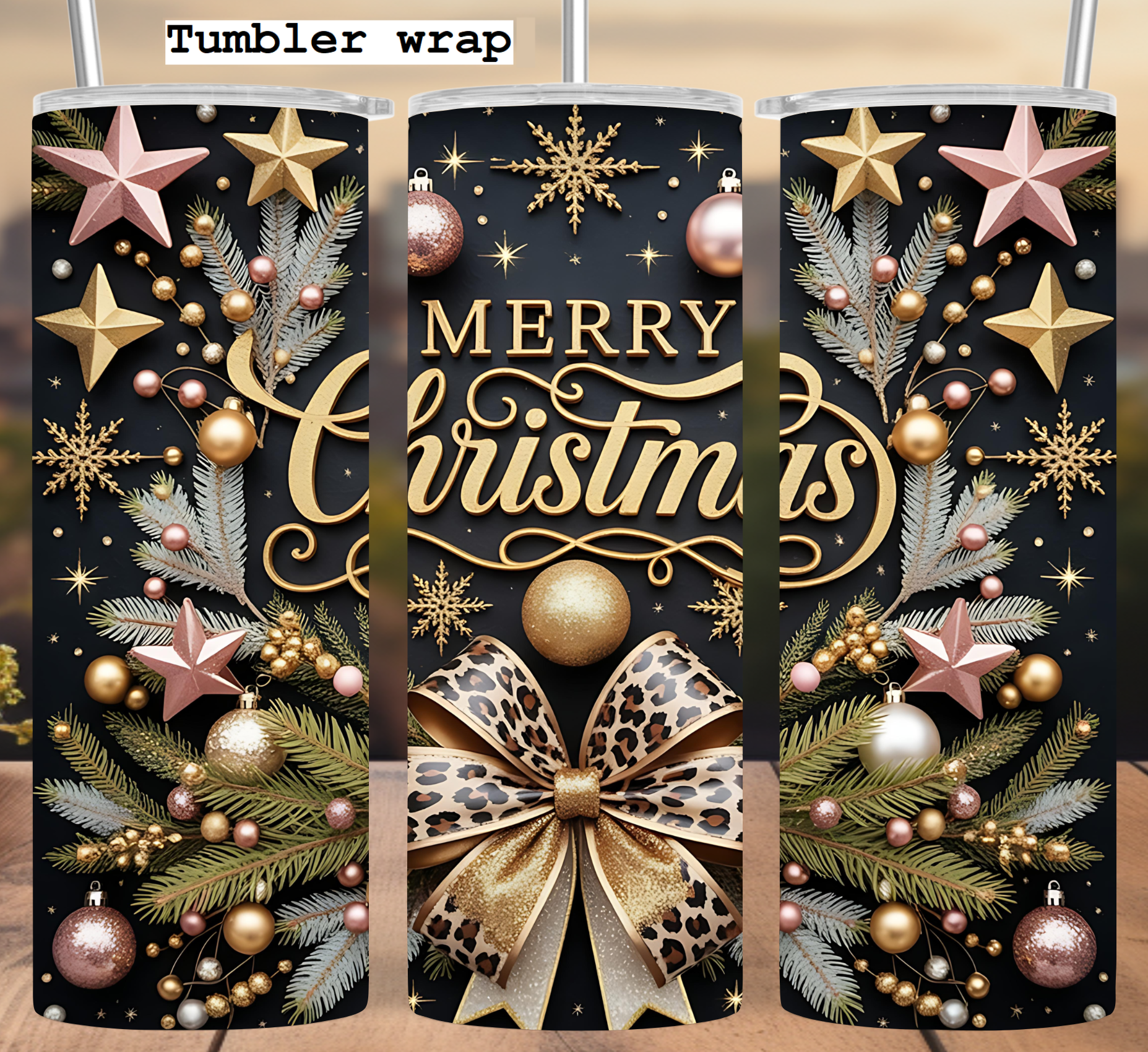 Merry Christmas Leopard Bow: Elegant Gold Stars and Ornaments Holiday tumbler wrap 20oz PNG