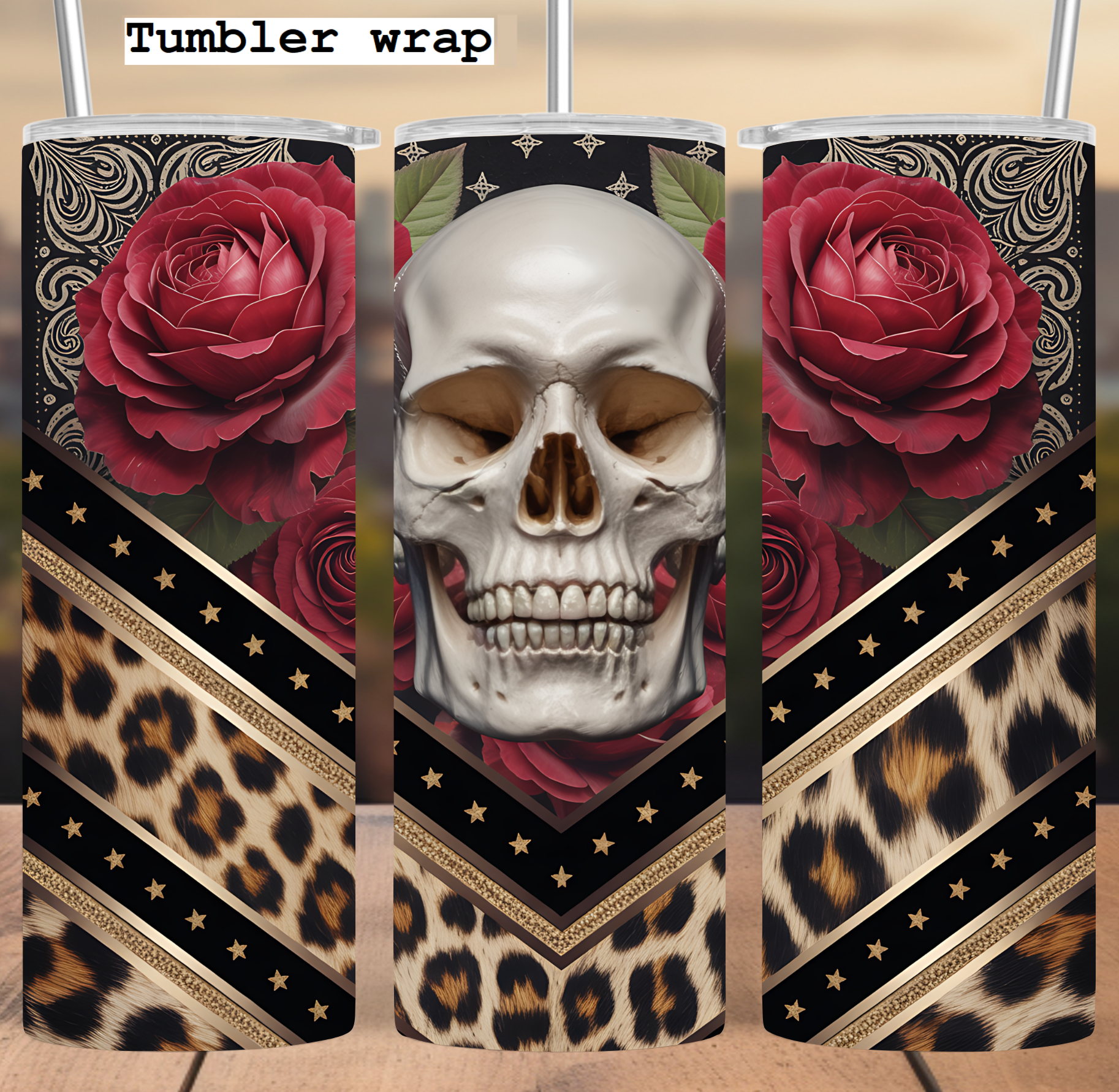 Skull Roses Leopard tumbler wrap 20oz PNG