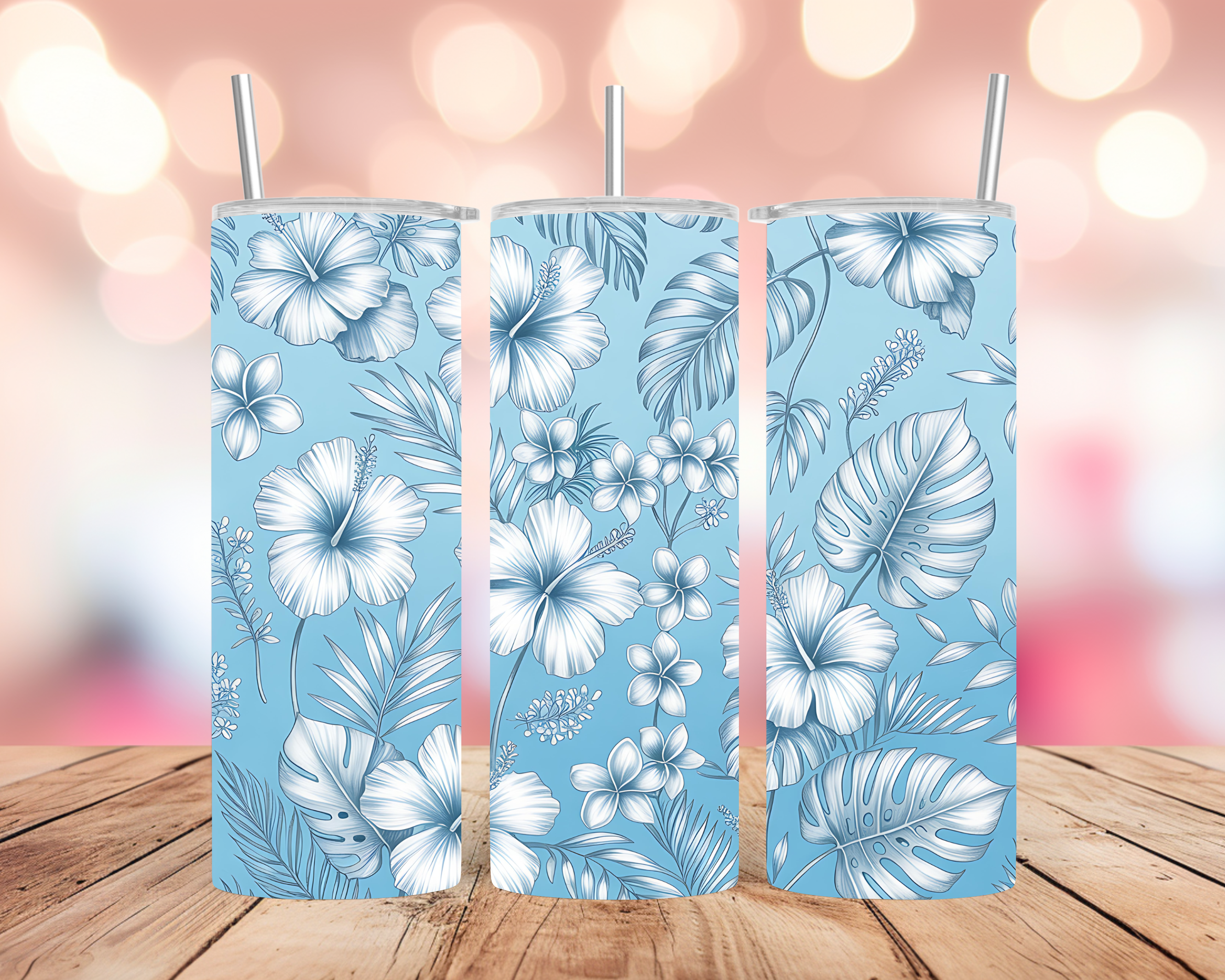Tropical Floral Tumbler Wrap: Blue Hibiscus and Plumeria Pattern 20oz PNG (Digital Download)