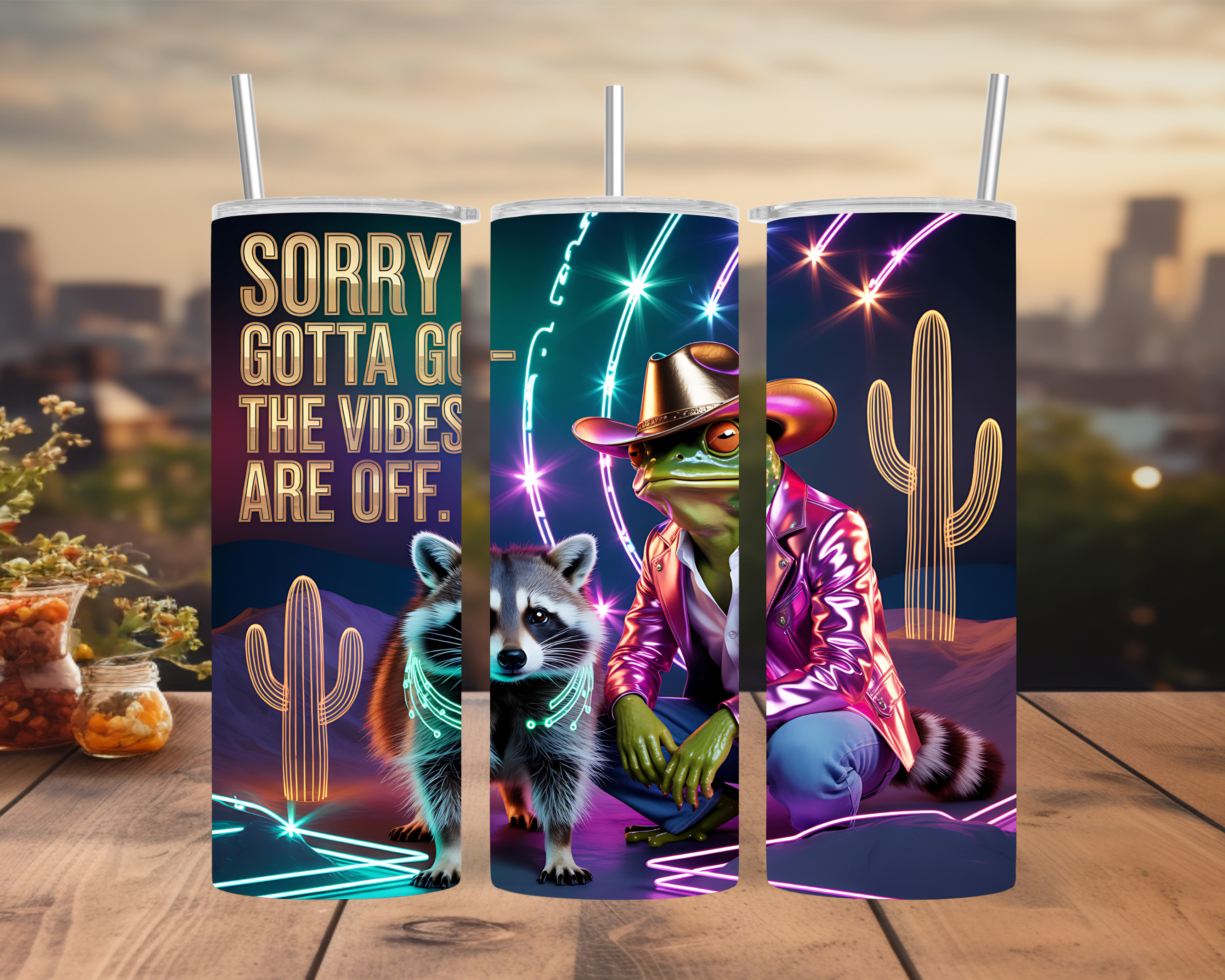 Funny Frog Tumbler Wrap — Neon Raccoon Vibes Off Design Wrap 20oz PNG