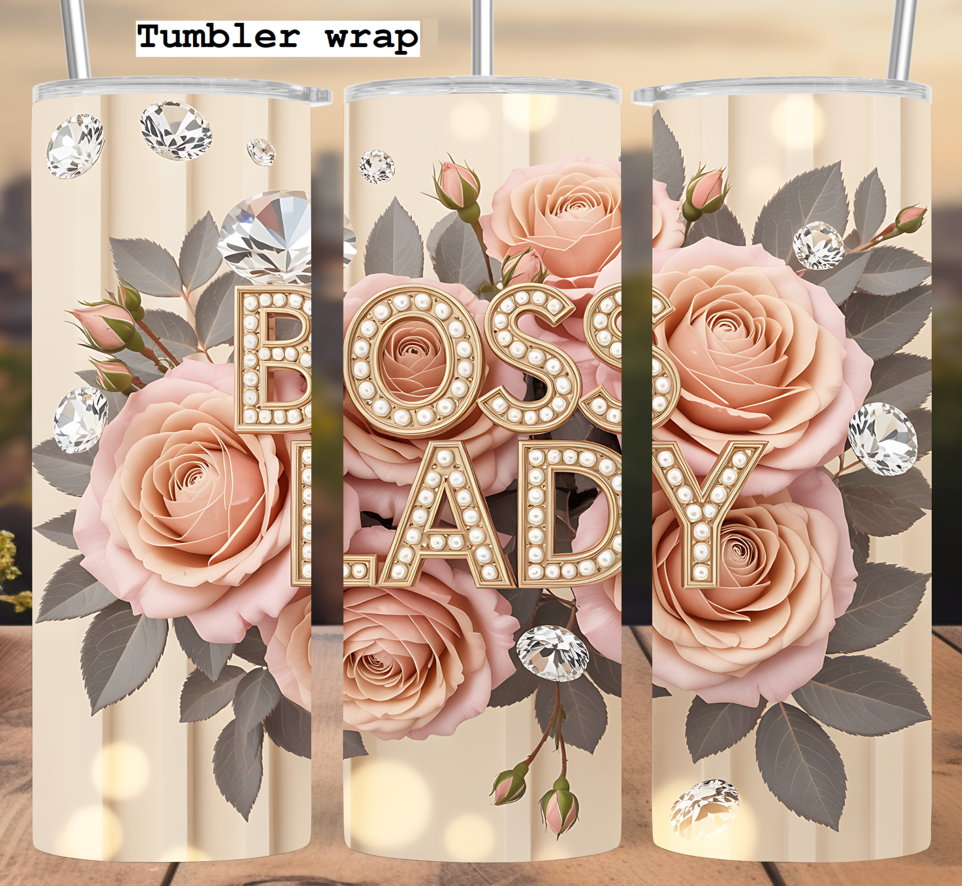 Boss Lady Glam Floral: Rose and Diamond Chic Aesthetic tumbler wrap 20oz PNG