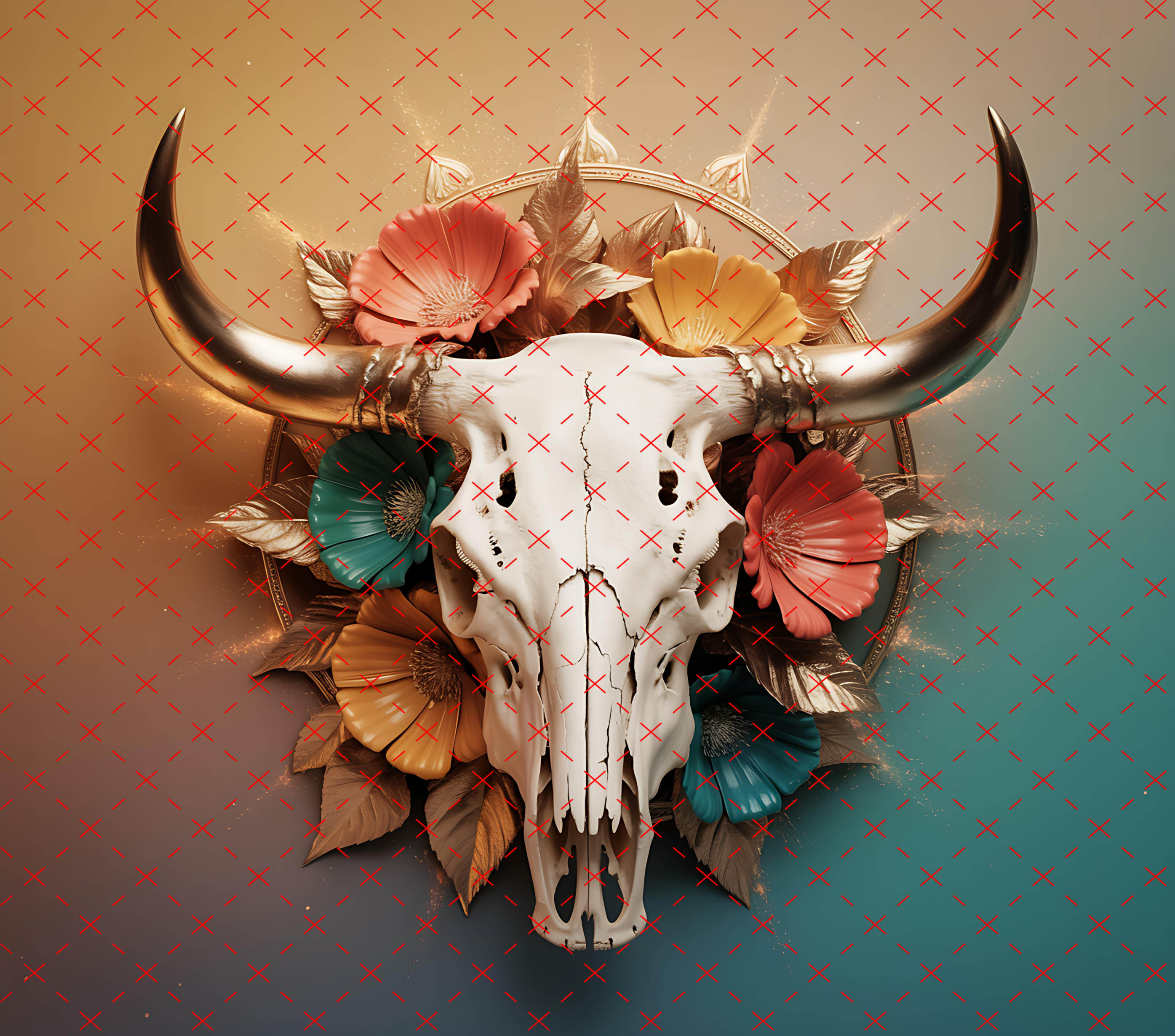 Boho Bull Skull Floral Tumbler Wrap: Western Cow Skull with Gold Horns and Colorful Flowers 20oz PNG (Digital Download)