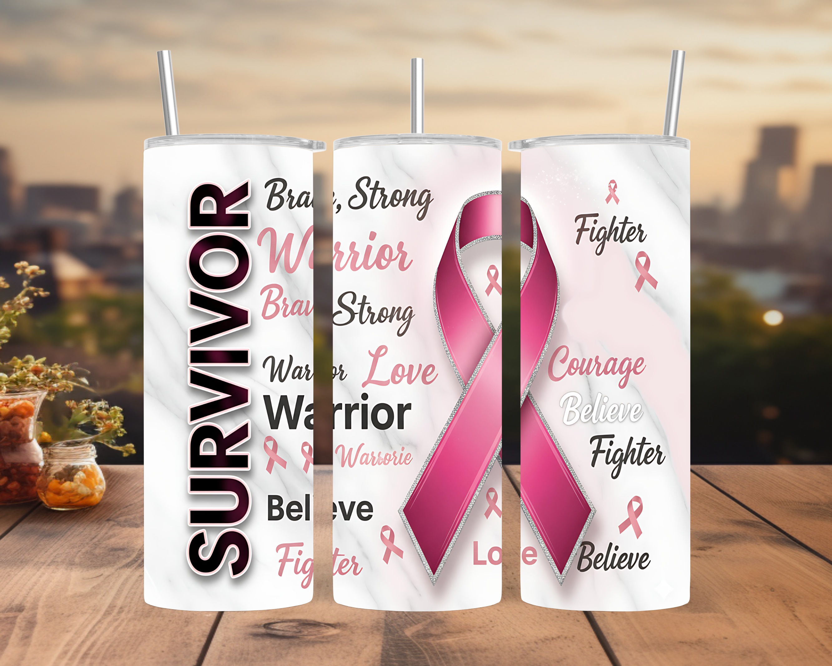 Survivor Ribbon Tumbler Wrap 20oz: Breast Cancer Awareness Motivational Design PNG