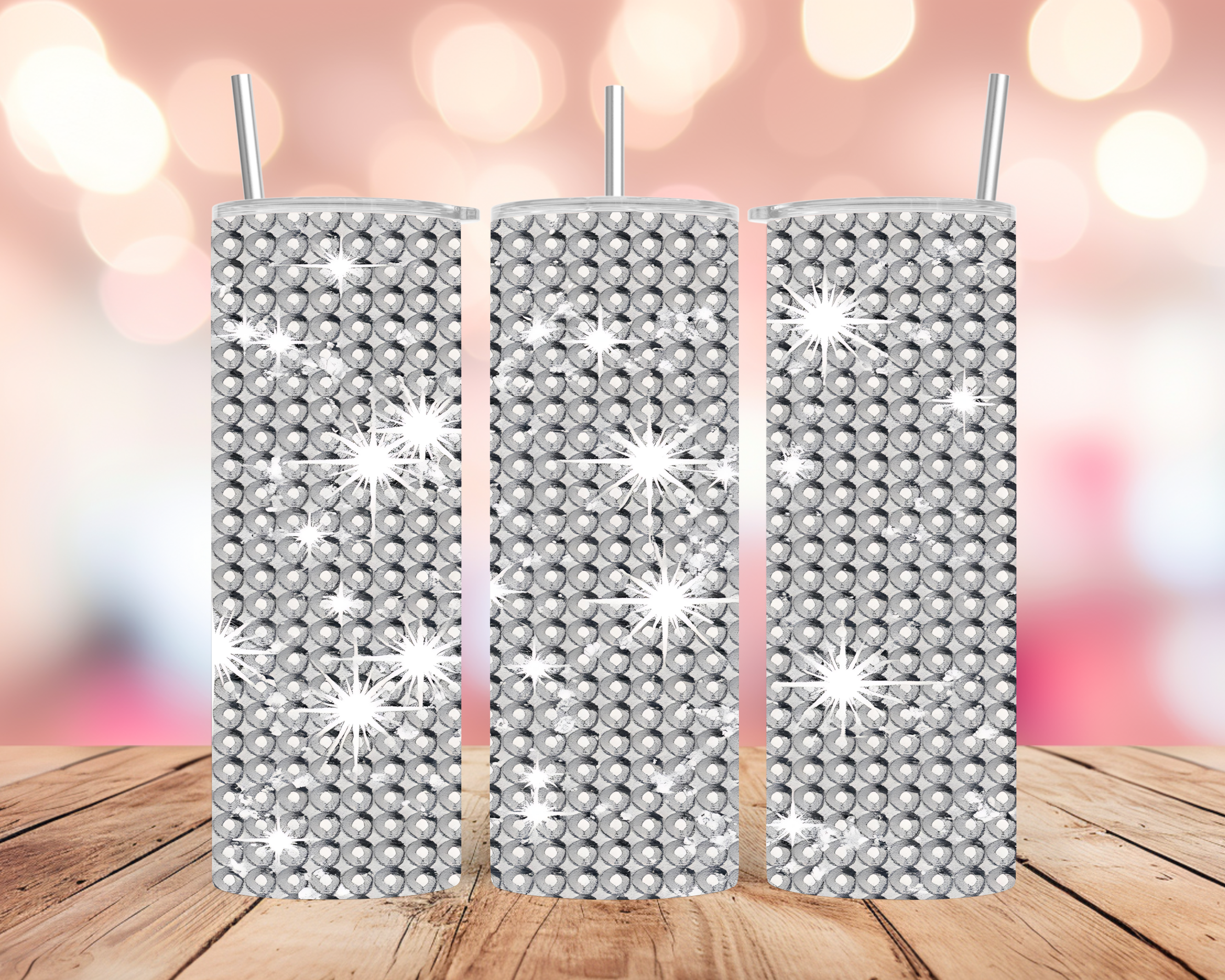 Rhinestone Sparkle Tumbler Wrap: Silver Crystal Glitter Pattern 20oz PNG (Digital Download)