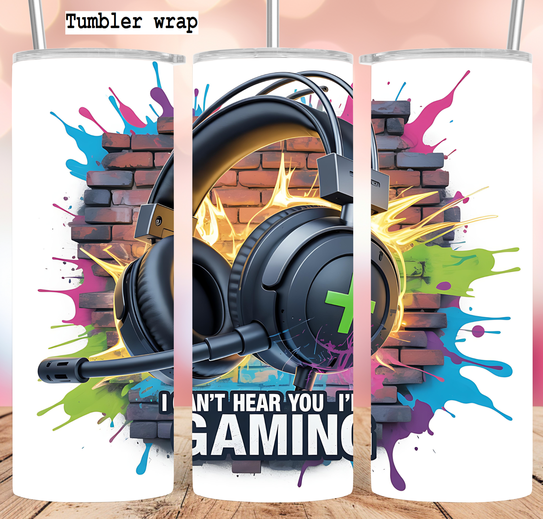 Gamer Headset Neon Graffiti Gaming tumbler wrap 20oz PNG
