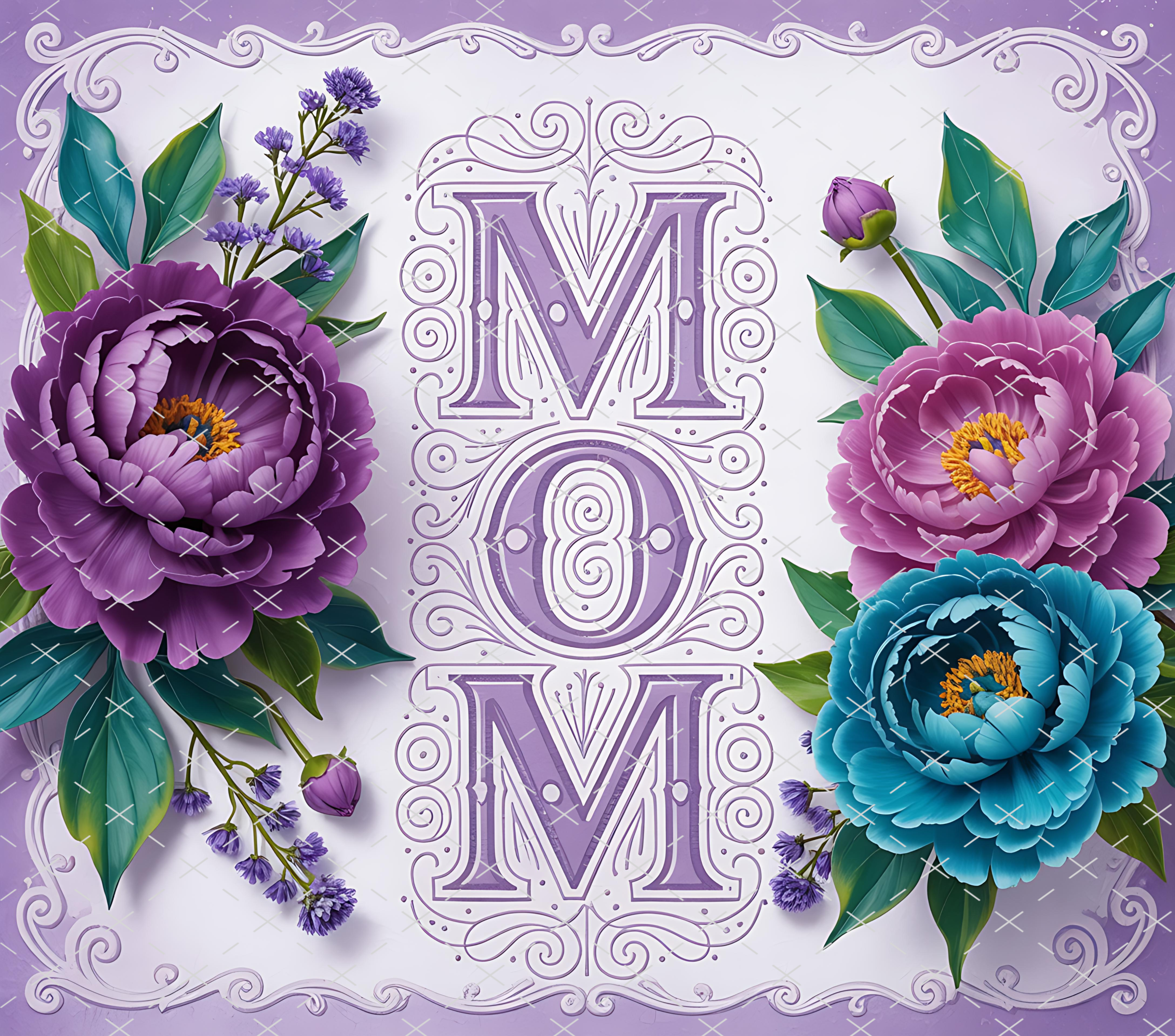 Floral MOM Design: Elegant Purple and Teal Peony Art tumbler wrap 20oz PNG