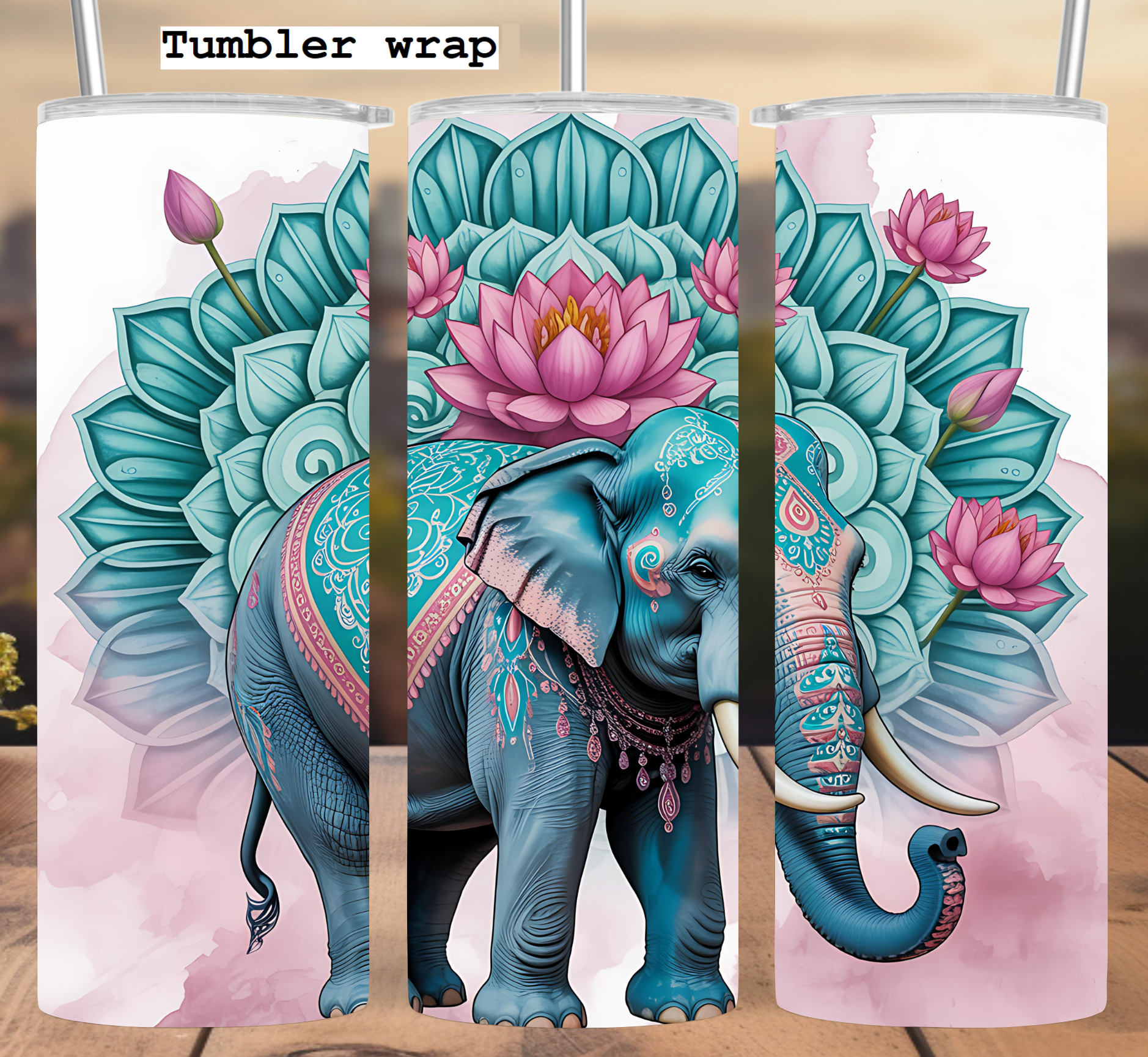 Boho Lotus Elephant: Mandala Floral Art Design tumbler wrap 20oz PNG