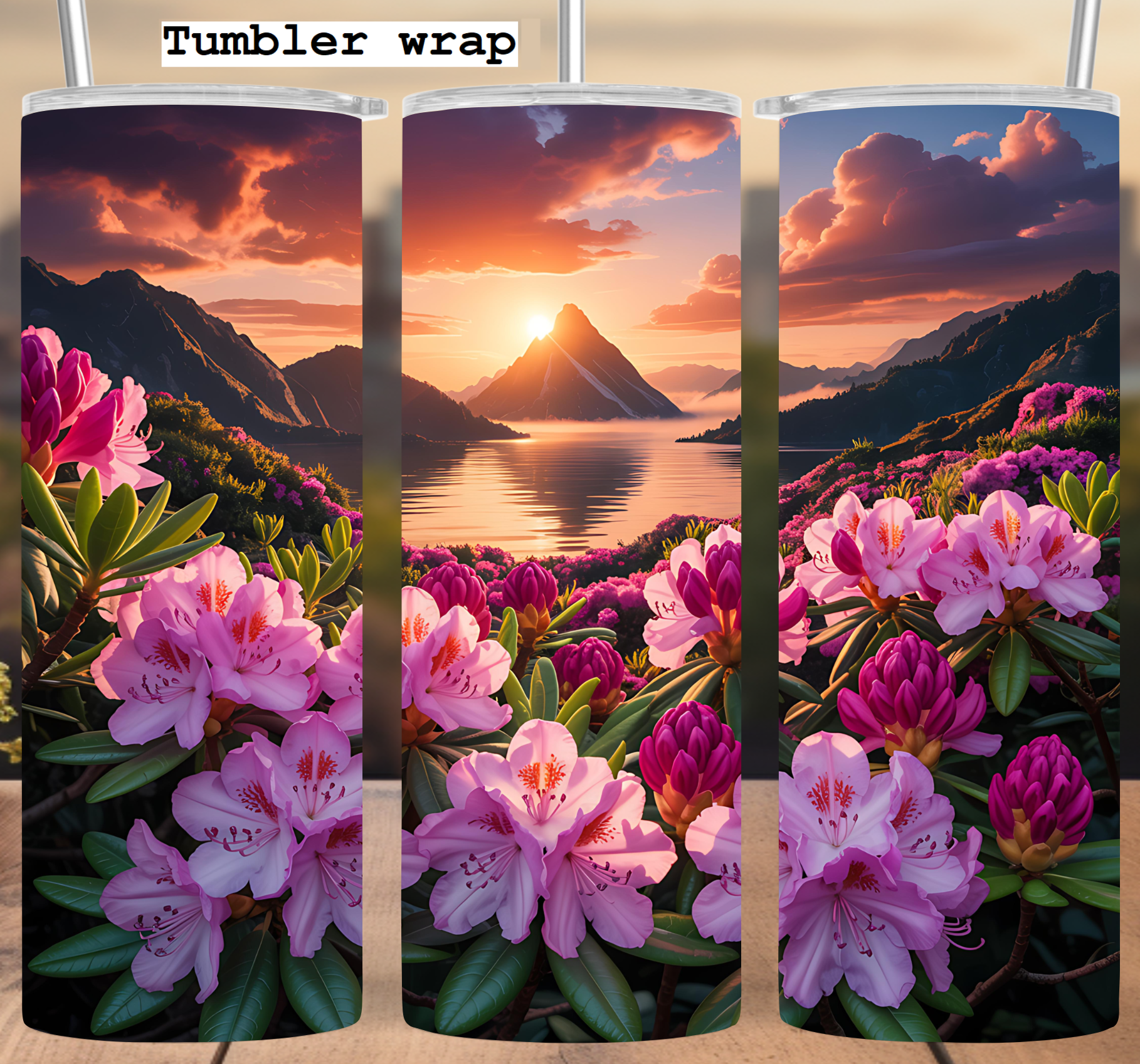 Sunset Mountain Flowers Landscape tumbler wrap 20oz PNG