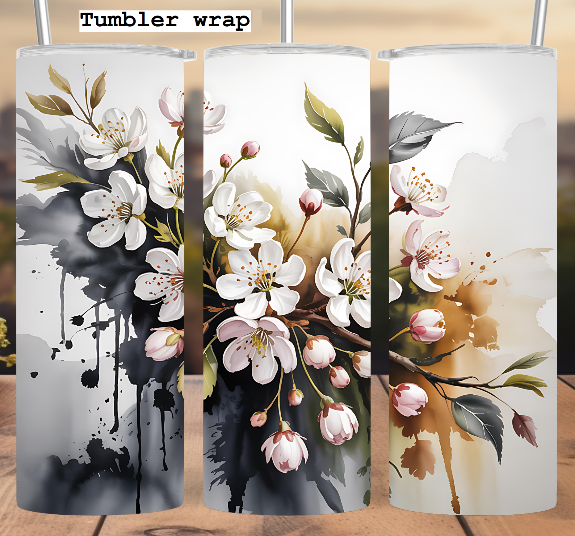 White Blossom Watercolor Flowers tumbler wrap 20oz PNG