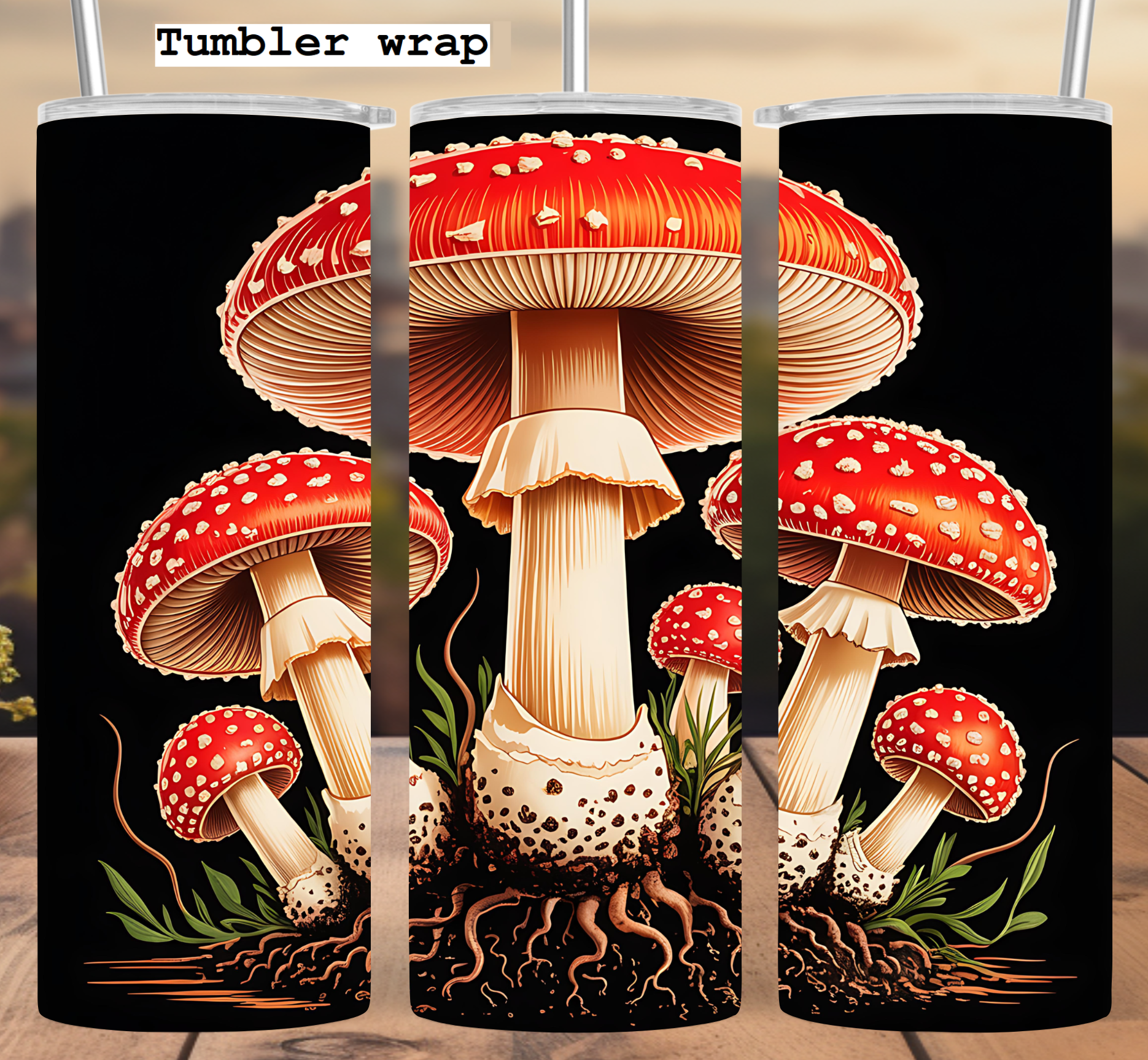Red Toadstool Mushroom Tumbler Wrap: Botanical Forest Art Design tumbler wrap 20oz PNG