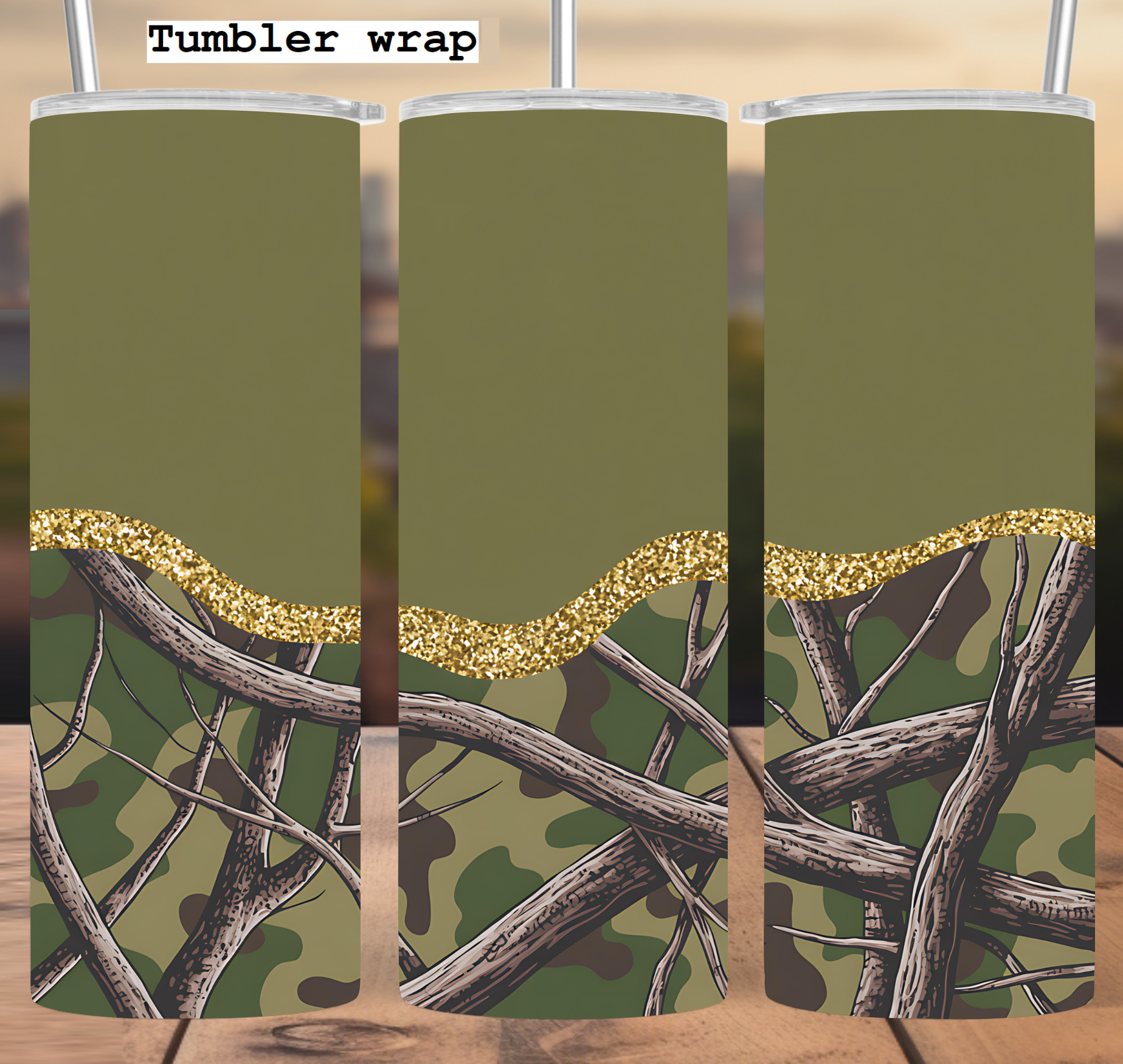 Camo branches gold accent tumbler wrap 20oz PNG