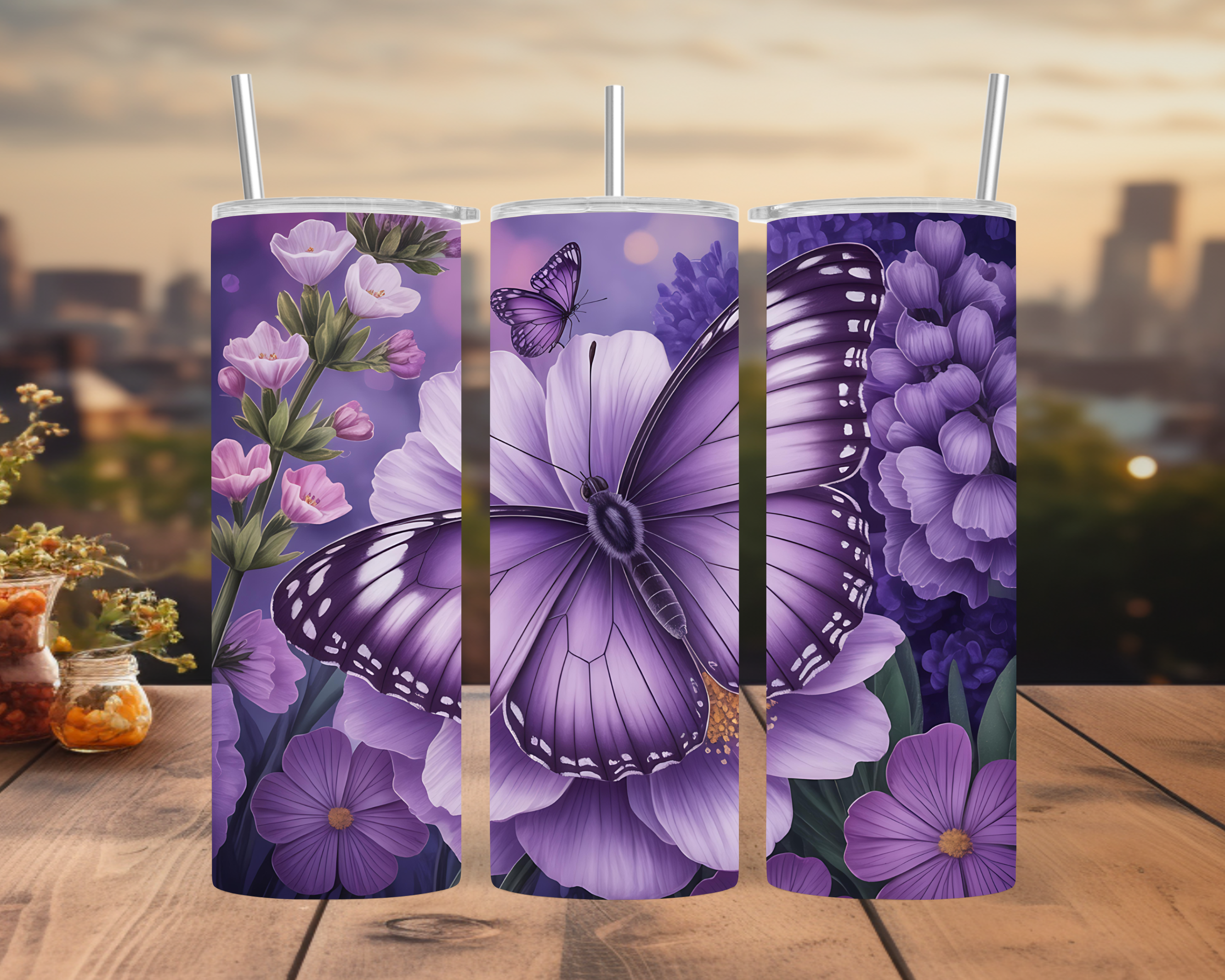 Purple Butterfly Tumbler Wrap: Floral Garden Design with Lavender Blooms 20oz PNG (Digital Download)