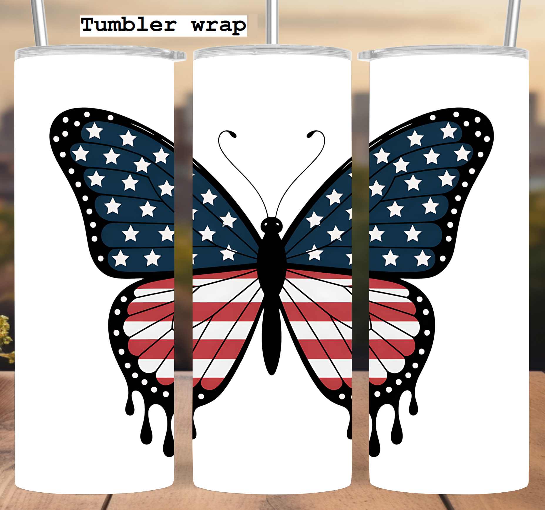 American Flag Butterfly tumbler wrap 20oz PNG