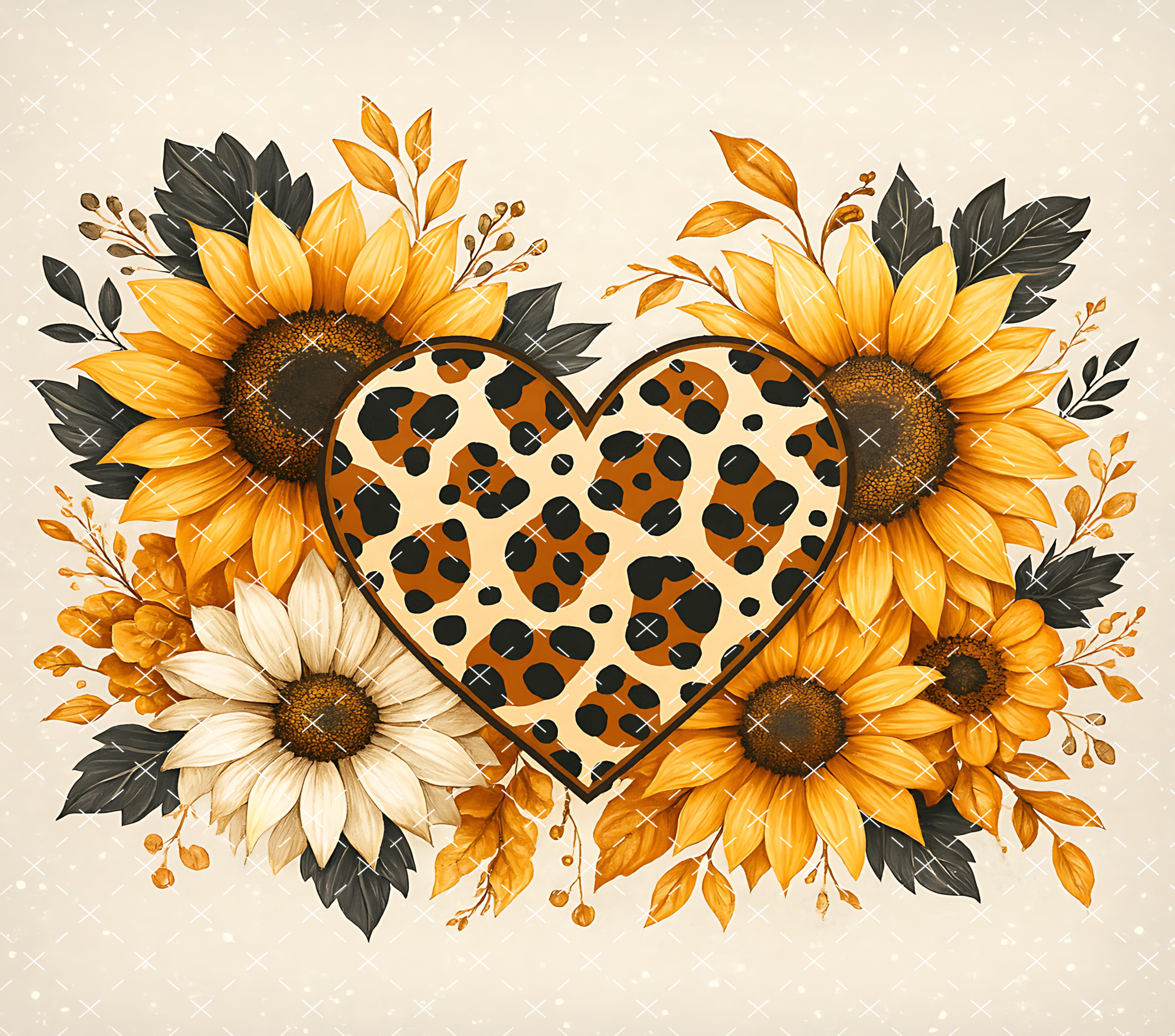 Leopard Heart Tumbler Wrap: Sunflower Floral Boho Design 20oz PNG (Digital Download)