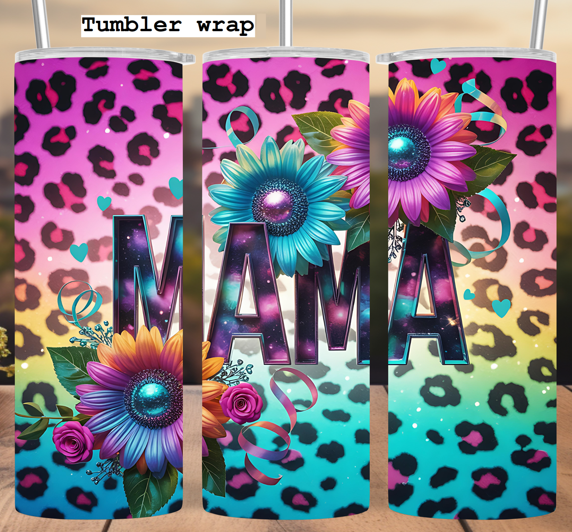 Sunflowers Mama Tumbler Wrap 20 oz Skinny Tumbler PNG Mama Sublimation Design Glitter Leopard Mom Life Seamless Mother's Day Tumbler Wrap
