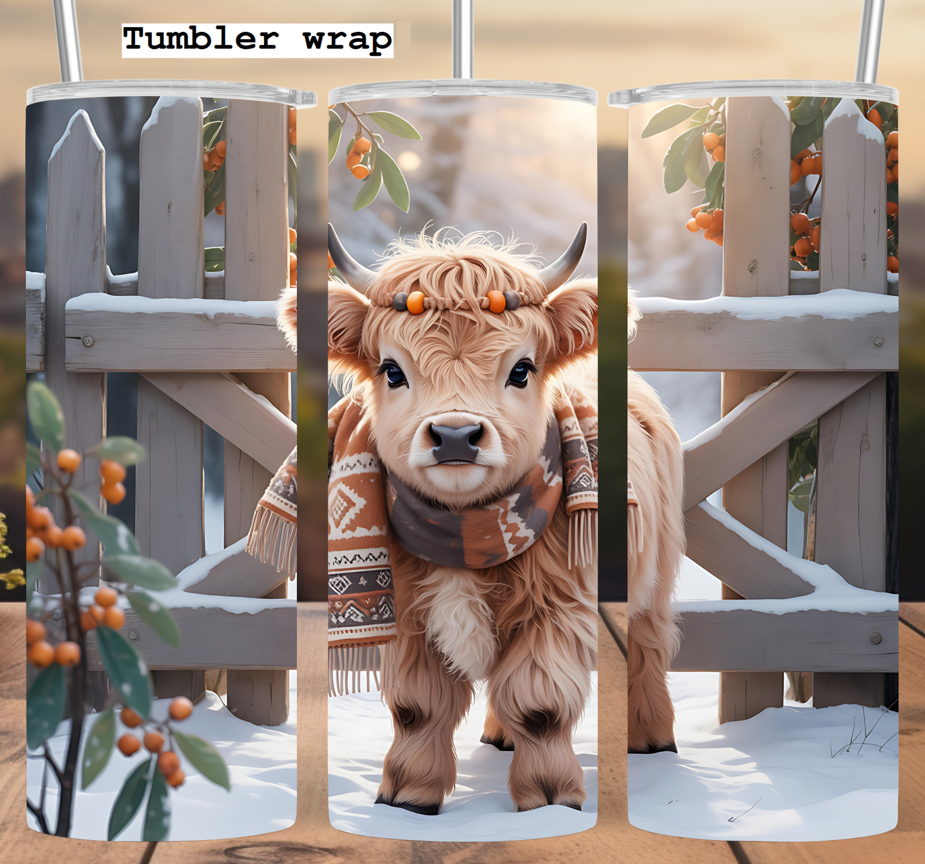 Winter Highland Cow Tumbler Wrap 20oz PNG