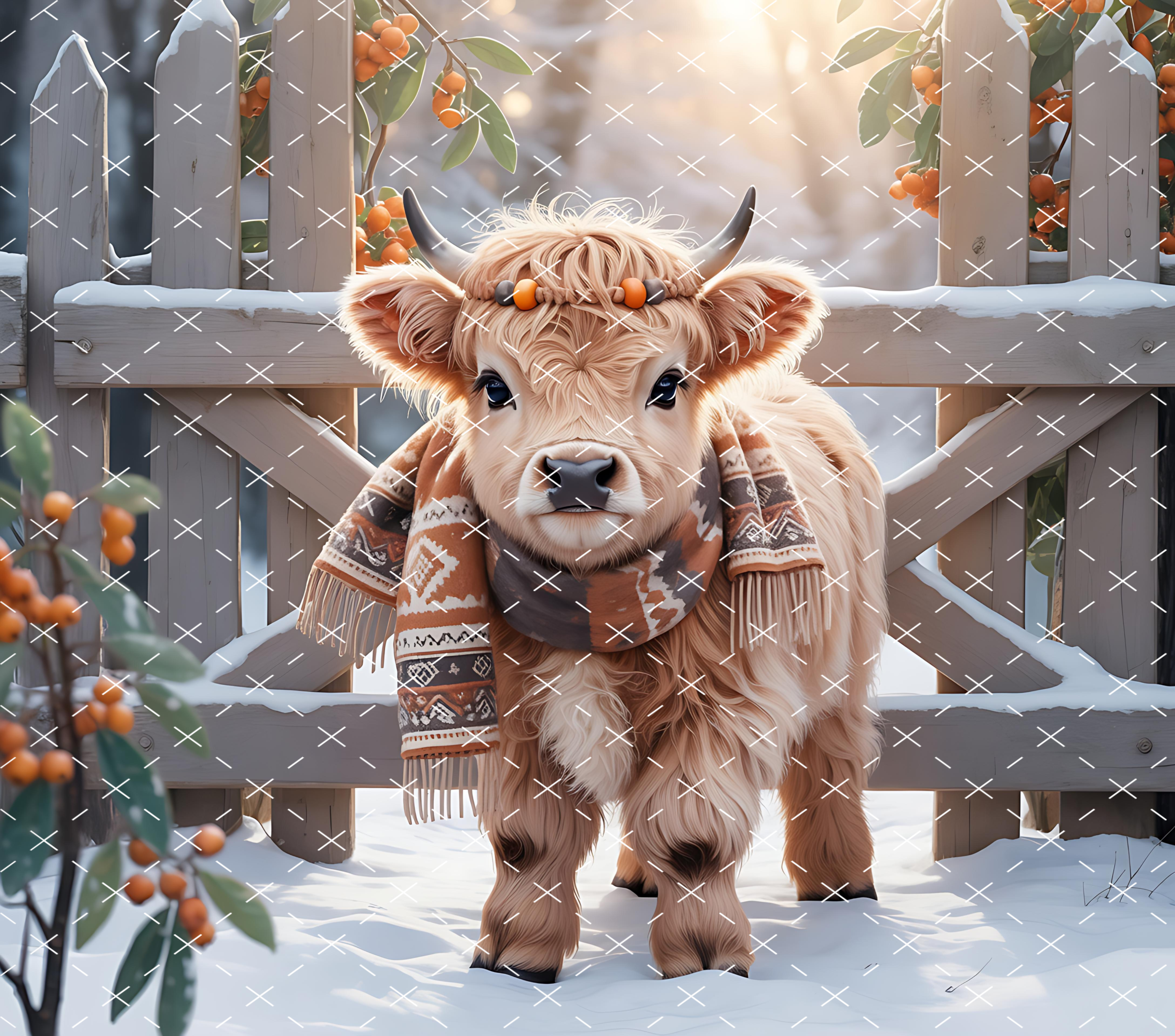 Winter Highland Cow Tumbler Wrap 20oz PNG