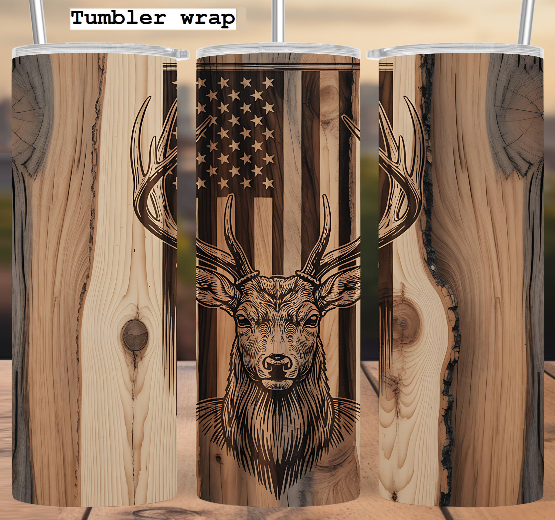 Deer wood flag rustic tumbler wrap 20oz PNG