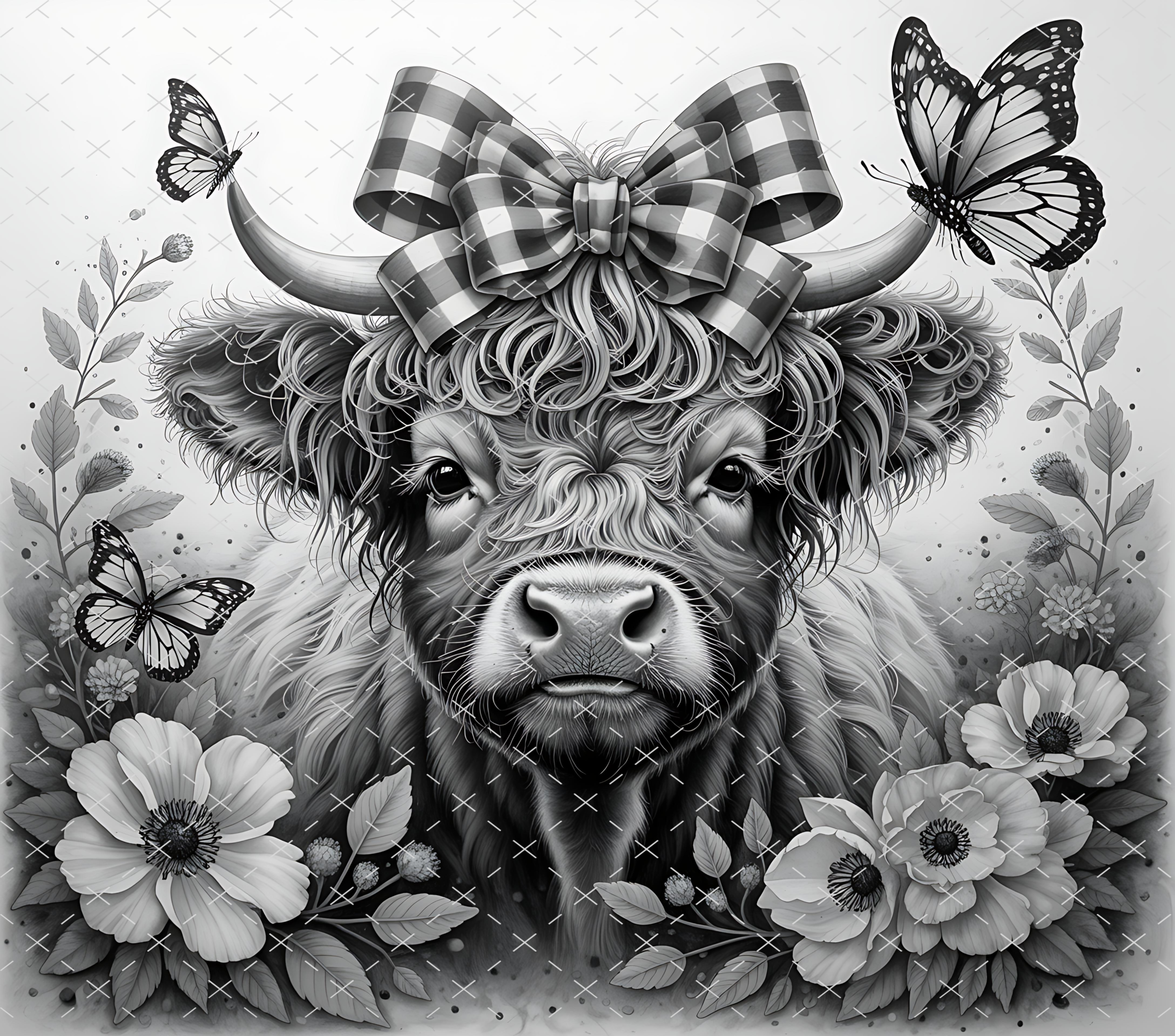 Black and White Highland Cow Tumbler Wrap: Elegant Floral Design tumbler wrap 20oz PNG