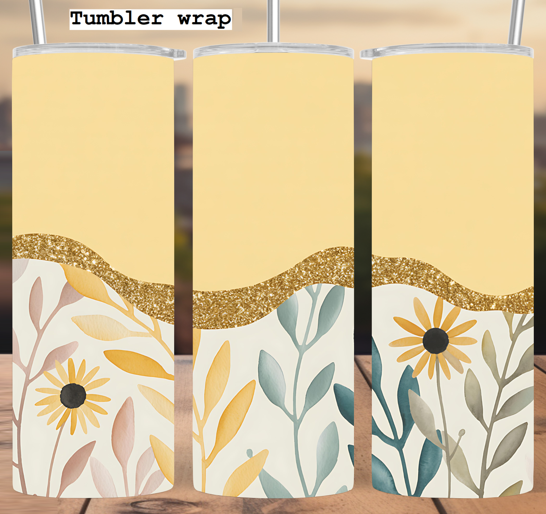 Pastel floral gold sparkle tumbler wrap 20oz PNG