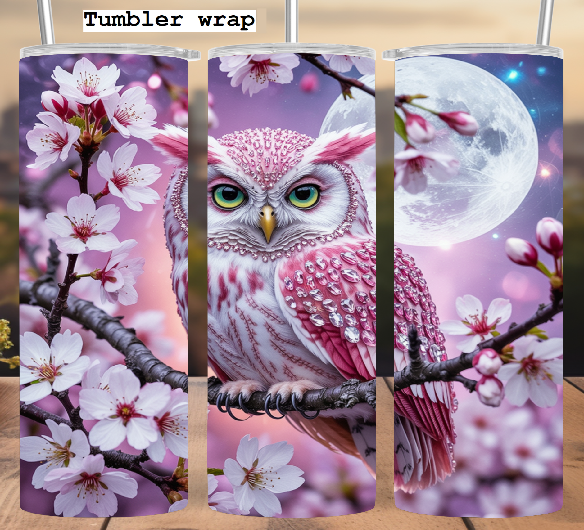 Pink Jeweled Owl Moon Cherry Blossom Design tumbler wrap 20oz PNG