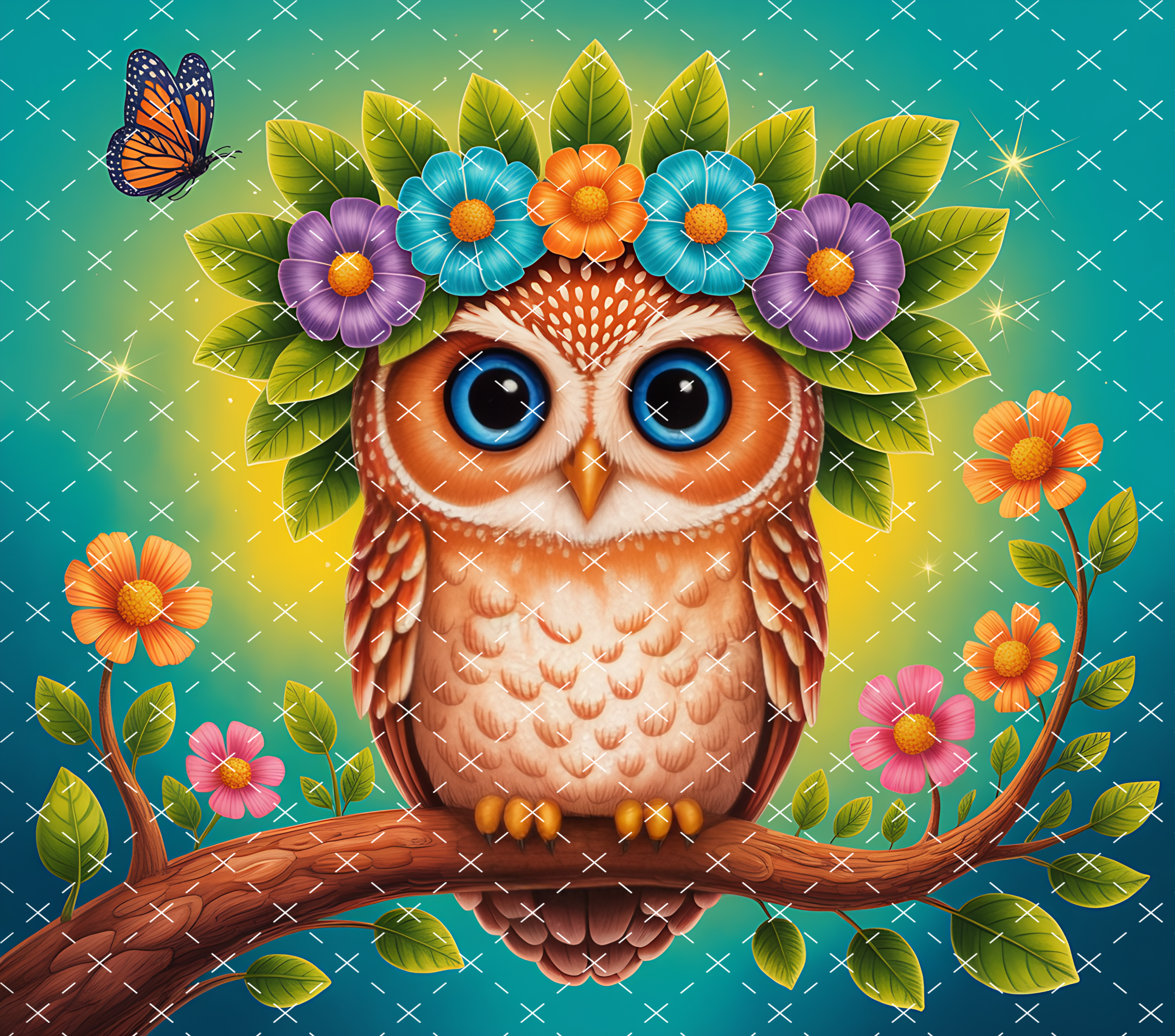 Owl Floral Crown Tumbler Wrap 20oz PNG: Adorable Woodland Design with Bright Blooms