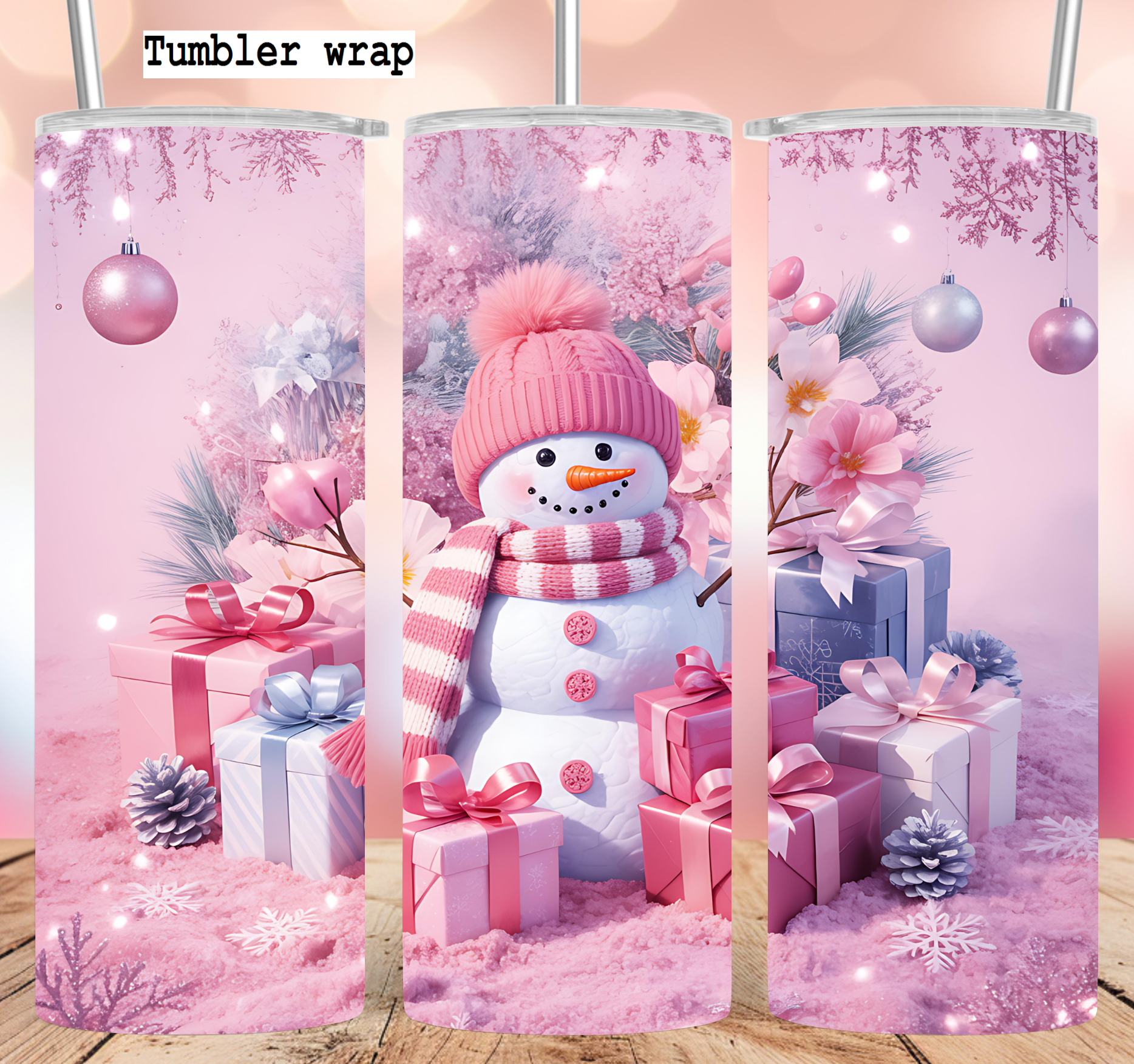 Pink Snowman Christmas Magic Scene tumbler wrap 20oz PNG
