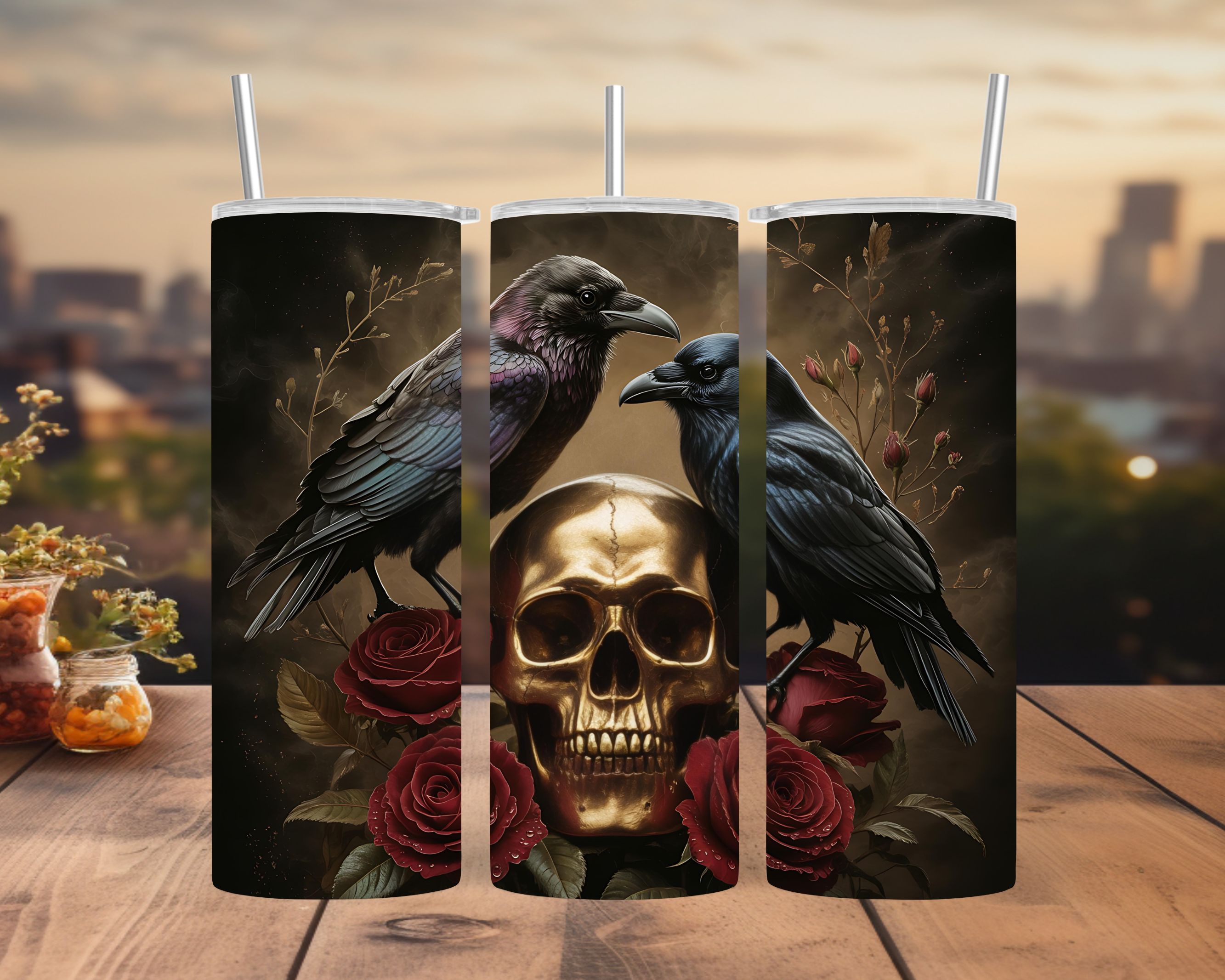 Raven Skull Roses Tumbler Wrap: Gothic Fantasy Crow Duo 20oz PNG (Digital Download)
