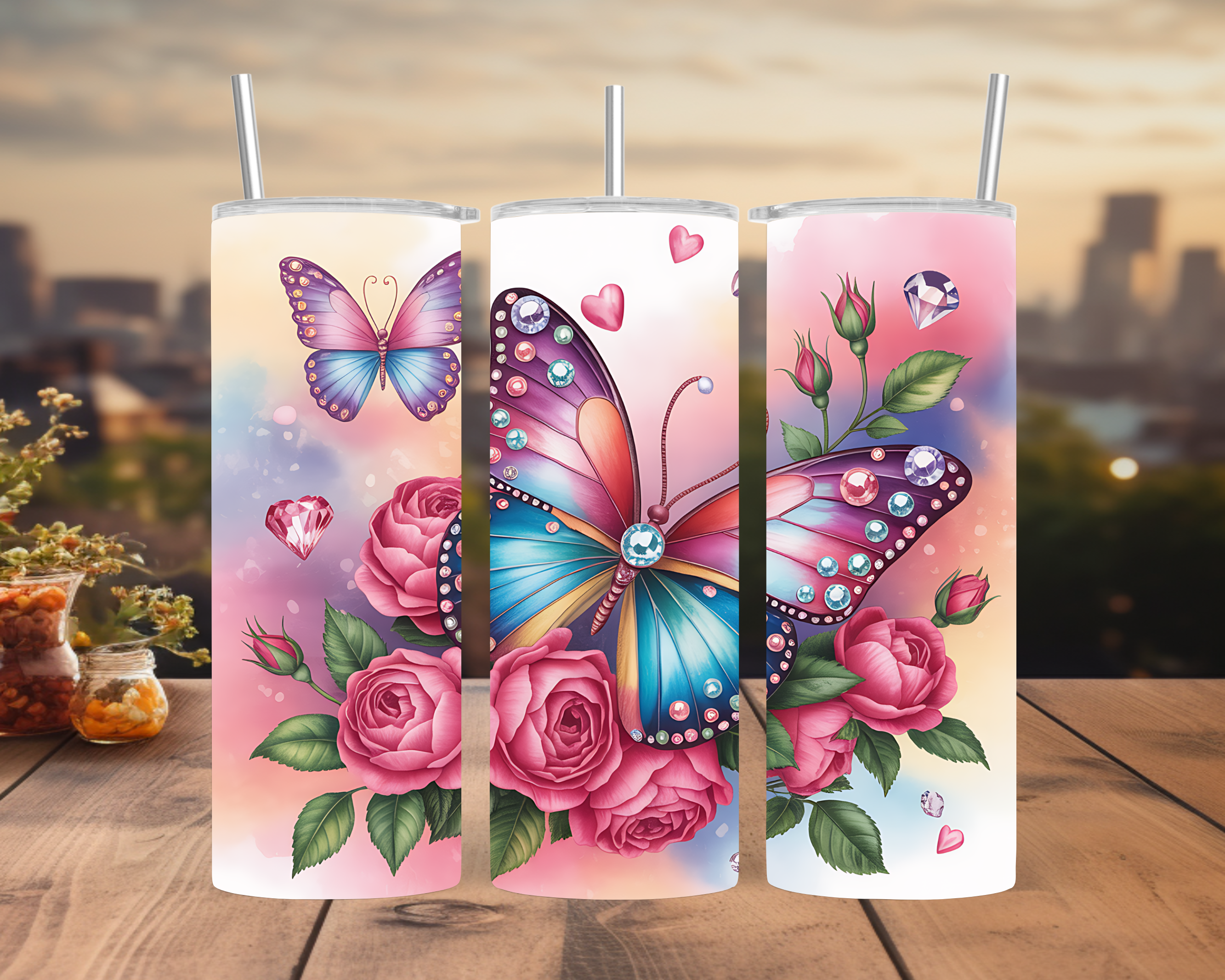 Butterfly Rose Tumbler Wrap: Jewel-Inspired Floral Gem Design 20oz PNG (Digital Download)