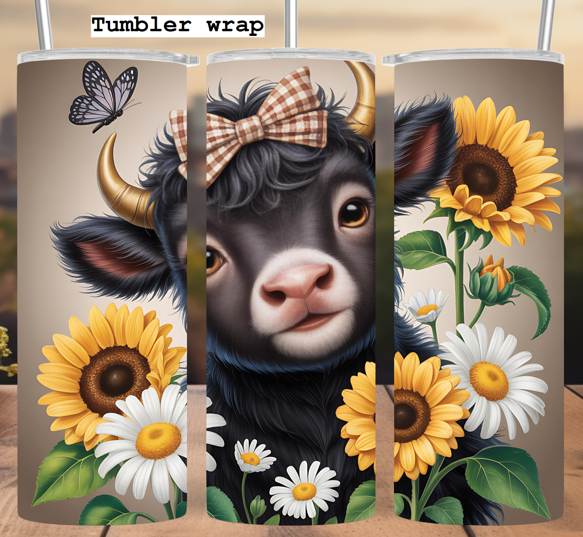 Highland Cow Tumbler Wrap: Sunflower Floral Country Design 20oz PNG (Digital Download)