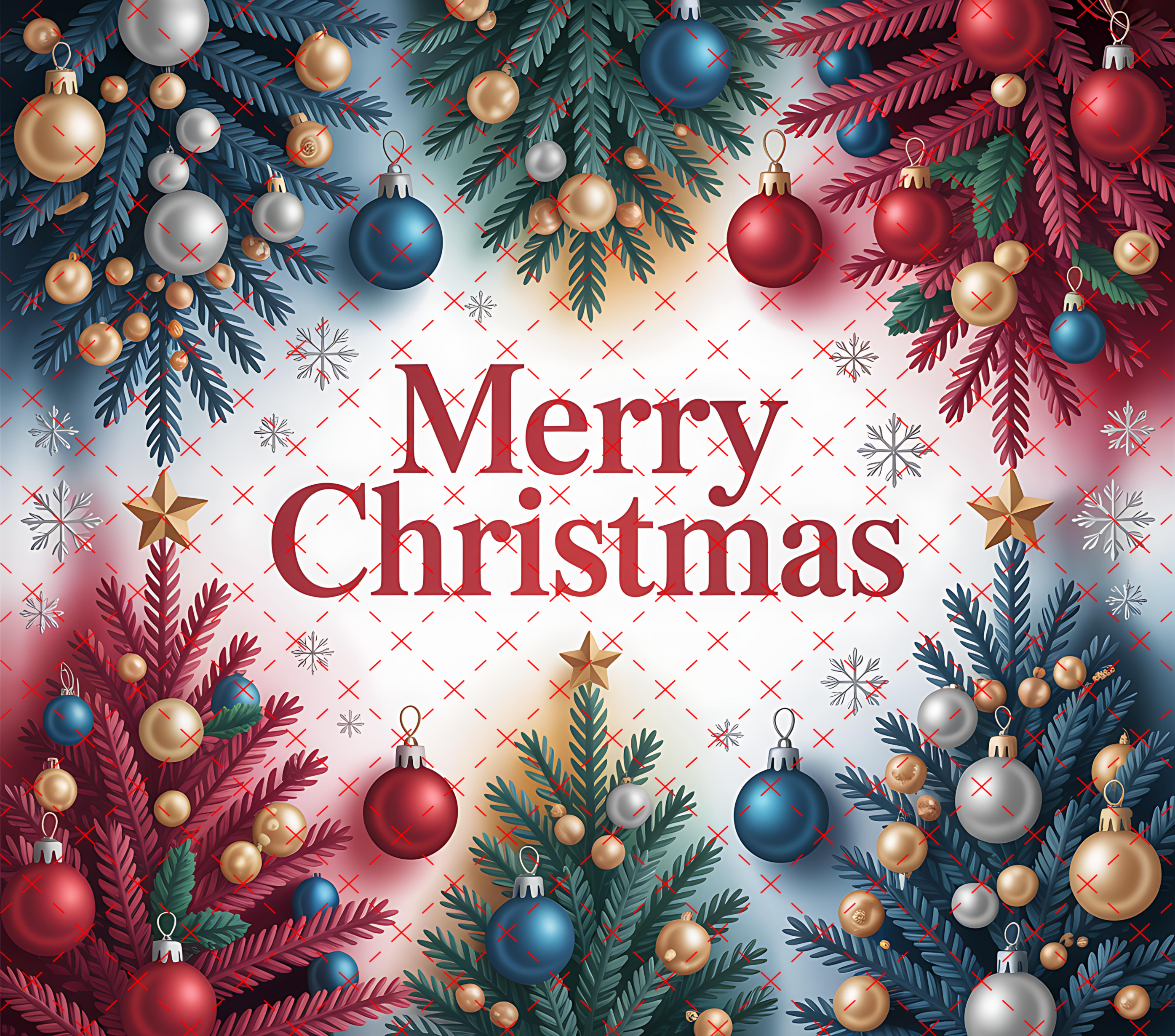 Merry Christmas Tumbler Wrap: Festive Ornament Branches and Holiday Greeting 20oz PNG (Digital Download)