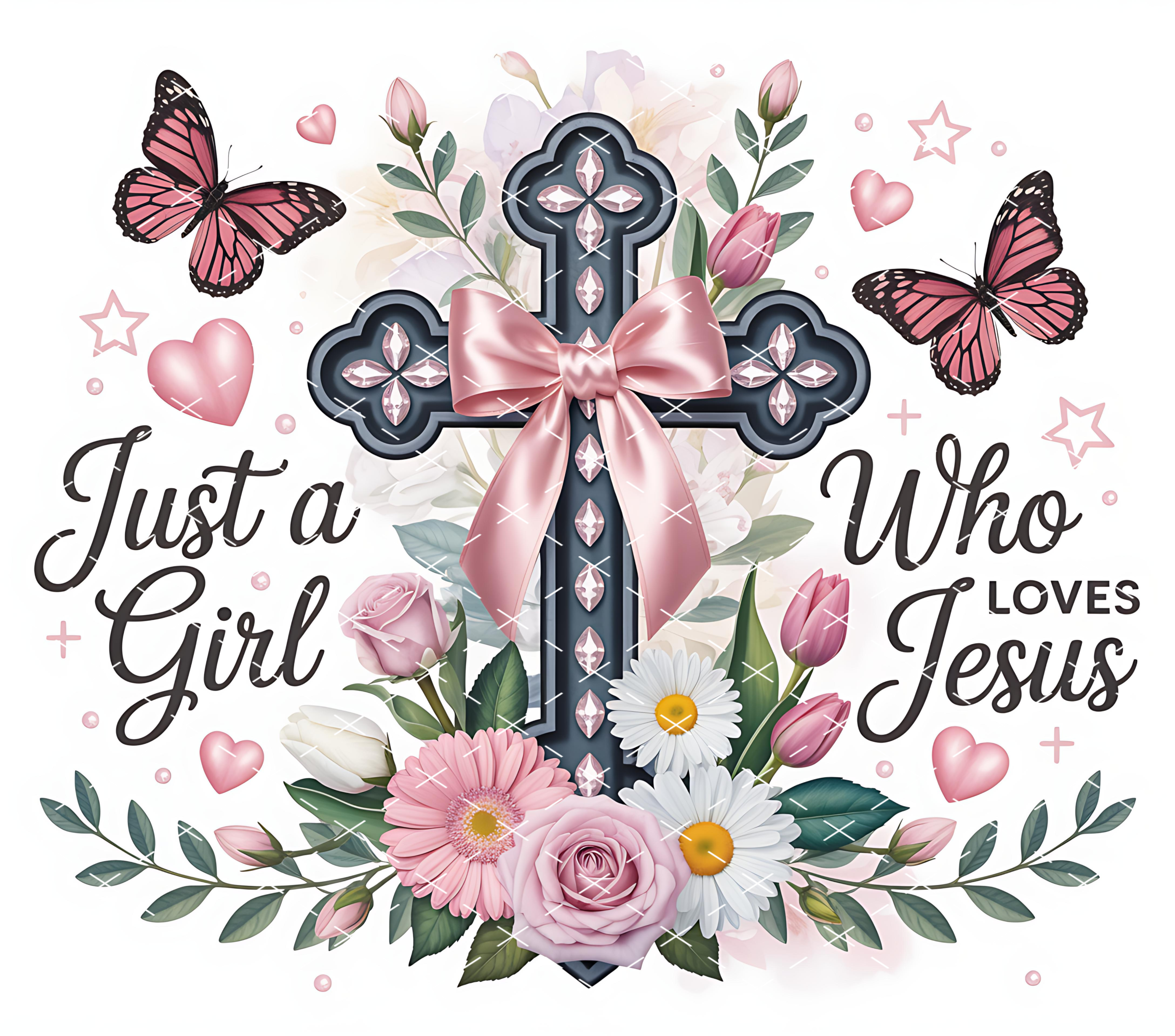 Just a Girl Who Loves Jesus Tumbler Wrap: Christian Floral Cross with Butterflies and Pink Bow tumbler wrap 20oz PNG