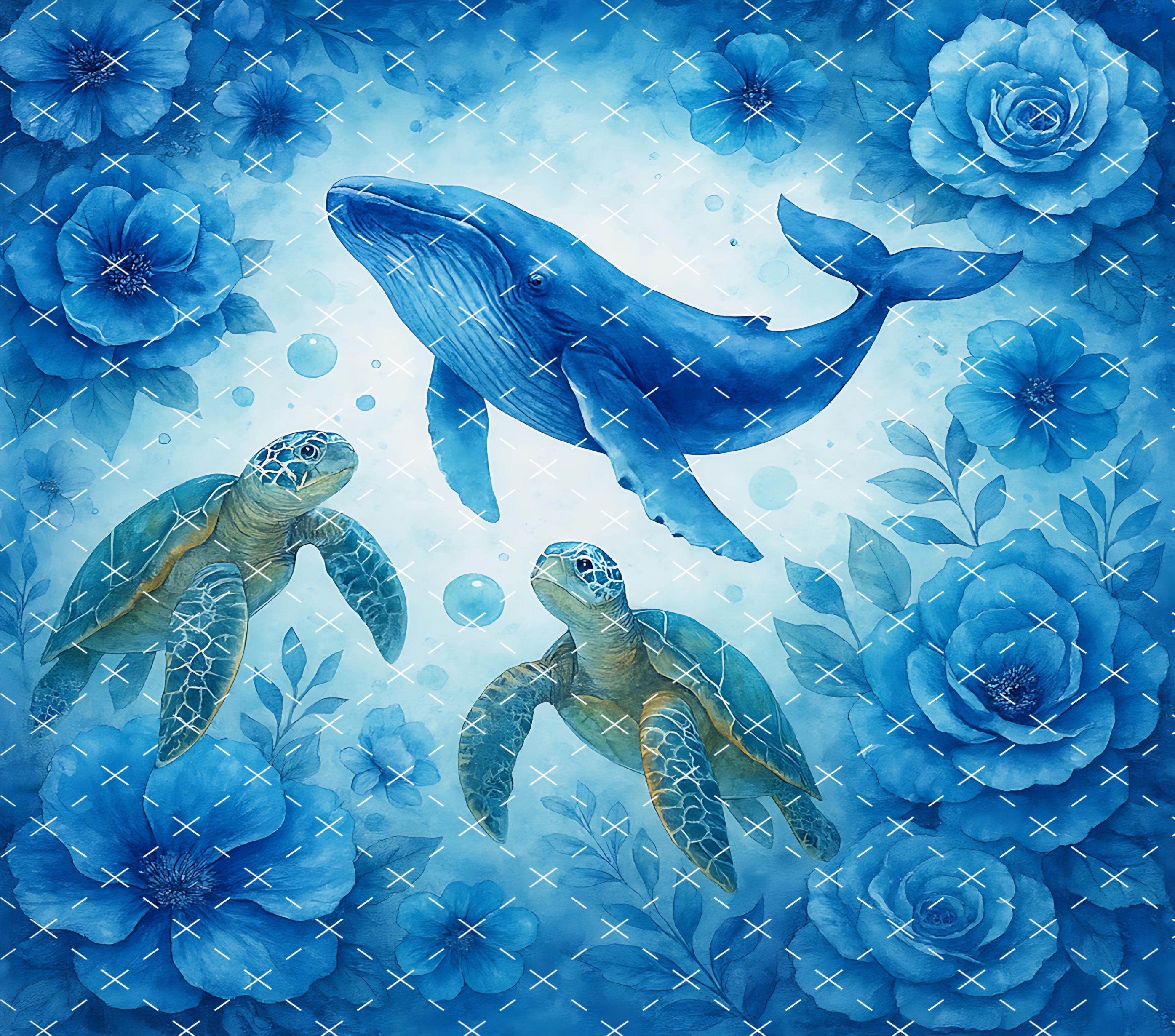 Whale and Turtle Ocean Floral: Blue Sea Life Art Design tumbler wrap 20oz PNG