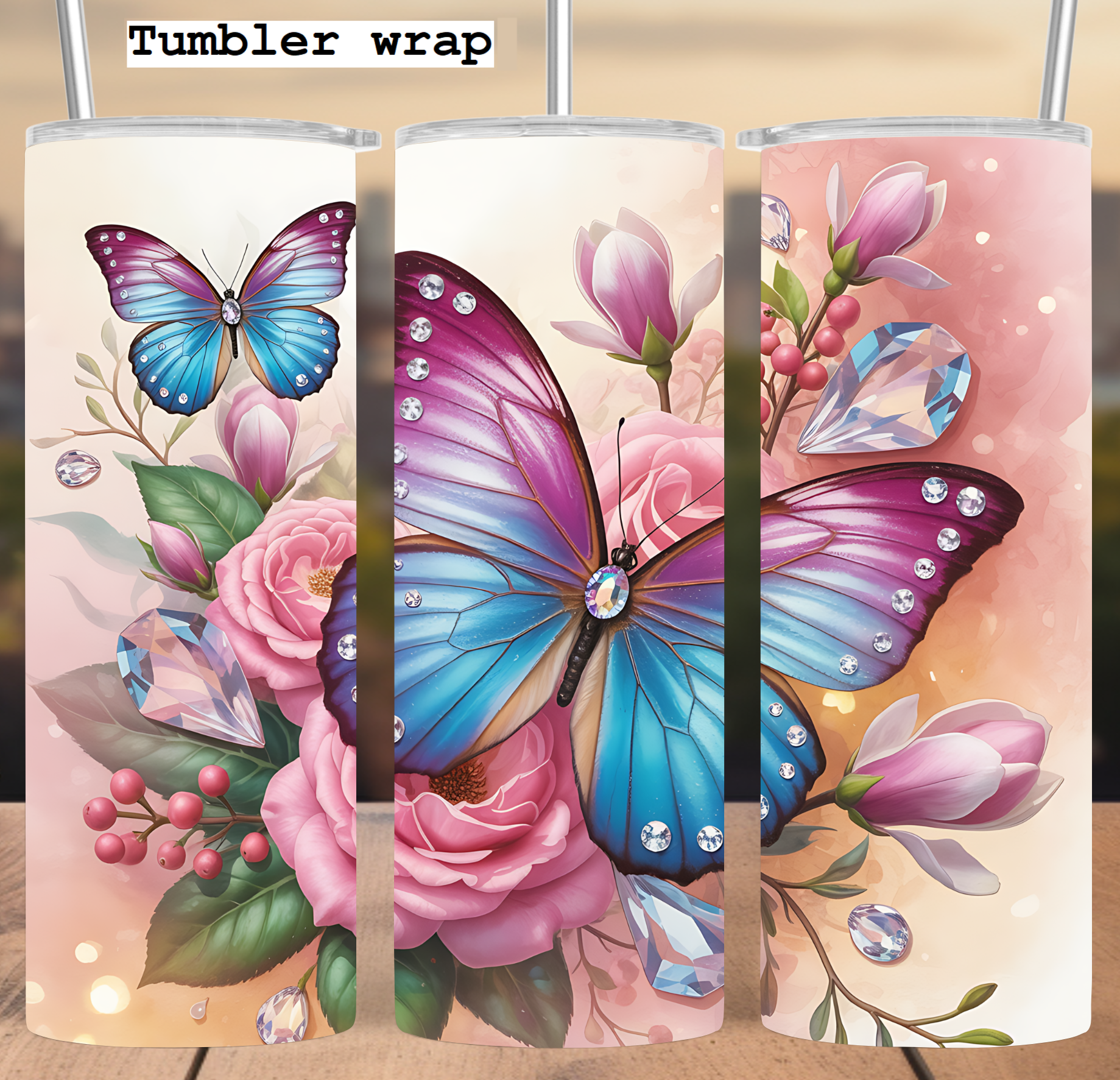 Jeweled Butterfly Floral Design tumbler wrap 20oz PNG